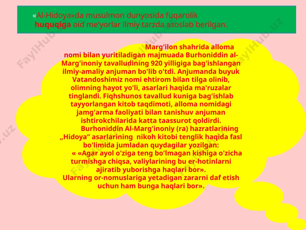 chalar") va b. u o‘z asarlarida ijtimoiy-iqtisodiy munosabatlar, mulkchilik turli shakllari (davlat va xususiy mulkchilik), moliyaviy faoliyat, jinoyat va jazoning huquqiy asoslarini, fuqarolik huquqi nazariyasi va amaliyoti, qozilik muassasalari tarkibi, tartibi va jinoiy ishni ko‘rish masalalarini batafsil yoritib berdi. b. m.ning ilmiy merosi o‘z ahamiyatini yo‘qotmagan. jahondagi ko‘p oliy o‘quv yurtlarida musulmon huquqshunosligi fani b. m.ning fiqh ta’limoti asosida o‘rganiladi. 1997 y. dek.da o’zbekistonda b. m. vafotining 800 y.ligi nishonlandi. b. m. samarqanddagi chokardiza qabristoniga dafn etilgan. huquqshunoslik ilmining rivojiga ulkan hissa qo`shgan buyuk alloma burxoniddin al-marg`uloniy o`zining «hidoya» asarini xiii asrda yaratgan bo`lsada, bu asar xix asrgcha butun musulmon dunyosida asosiy huquq manbai bo`lib xizmat qildi va hozirgacha o`zining ilmiy axamiyatni yo`qotgani yo`q. siyosiy va huquqiy ta`limotlarning bilish jarayonida yangi tushunchalar, g`oyalar vujudga keladi, bu esa nazariy bilimni boyitadi va chuqurlashtiradi. mana shunday jamg`arish natijasida siyosiy va huquqiy ta`limotlar tarixining barcha davrlarida ham dolzarb bo`lgan komil inson, ahloq va …