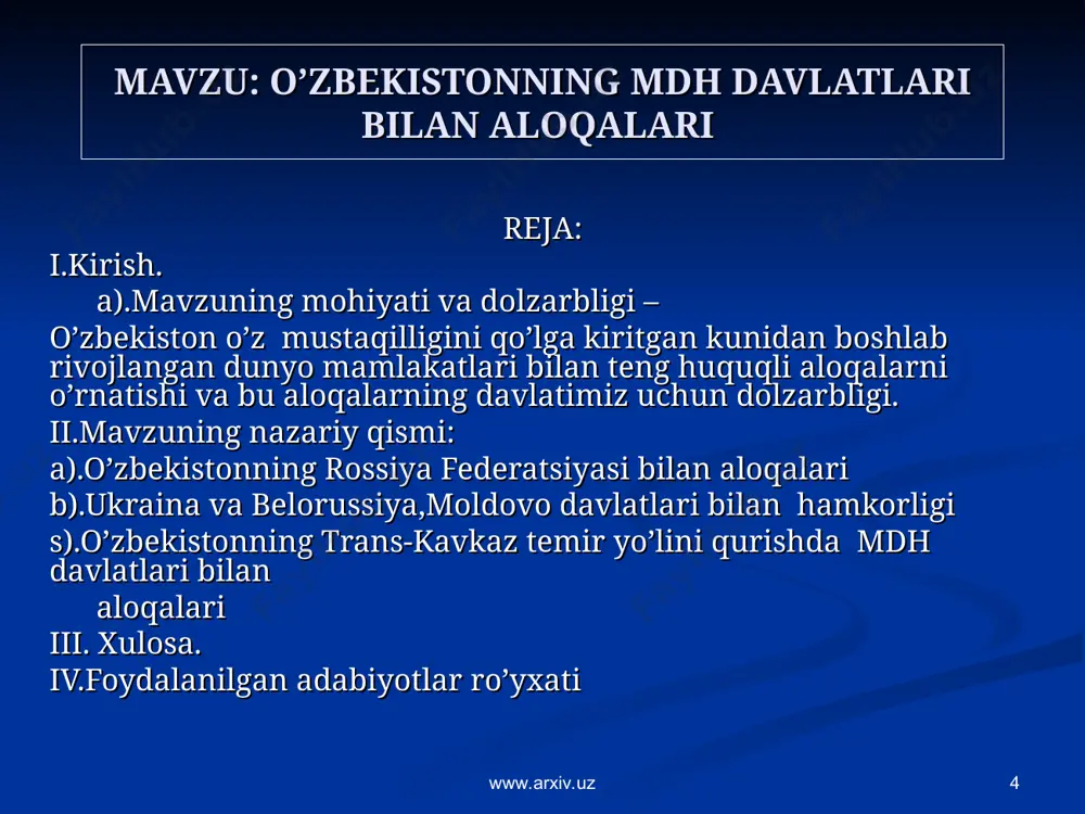 5-bet www.arxiv.uz www.arxiv.uz * 1-jadval www.arxiv.uz www.arxiv.uz * mdh davlatlari rahbarlarining uchrashuvi www.arxiv.uz www.arxiv.uz * i.karimov rasmiy davlat safari bilan moskvaga bordi. uchrashuvda i.karimov va b.yelsin ikki davlat o’rtasida muxtor vakolatxonalar ochish,bir-birining suverenitetini va hududiy yaxlitligini hurmat qilish,tashqi siyosatda va iqtisodiy masalalarda hamkorlik qilishga kelishib oldilar. 30-mayda i.karimov-b.yelsin o’zbekiston bilan rossiya bilan rossiya federatsiyasi o’rtasida davlatlararo munosabatlarning asoslari, do’stlik va hamkorlik to’g’risida shartnoma imzolandi. shartnomada ikki davlat o’rtasida har tomonlama hamkorlikni yo’lga qo’yish va rivojlantirishga huquqiy asos solindi.ikki davlat o’rtasida diplomatik aloqalar 2-mart o’rnatildi,elchixonalar ochildi. o’zbekiston va rossiya o’rtasida davlarlararo rasmiy tashriflar www.arxiv.uz 26-oktyabr www.arxiv.uz * i.karimov- b.yelsin ikki davlat o’rtasida har tomonlama hamkorlikni rivojlantirish to’g’risida deklaratsiya,iqtisodiy integratsiyani chuqurlashtirish to’g’risida,harbiy sohada hamkorlik to’g’risida shartnomalar imzolandi. i.karimov-v.putin ikki mamlakat o’rtasidagi hamkolrikni yanada rivojlan- tirish uchun katta ahamiyatga ega bo’ldi.o’zbekiston rahbarining rossiya prezidenti bilan oliy darajadagi uchrashuvi va ikki davlat boshliqlari tomonidan imzo- langan qo’shma bayonot mazkur ikki mamlakat o’rta- sidagi hamkorlikni …