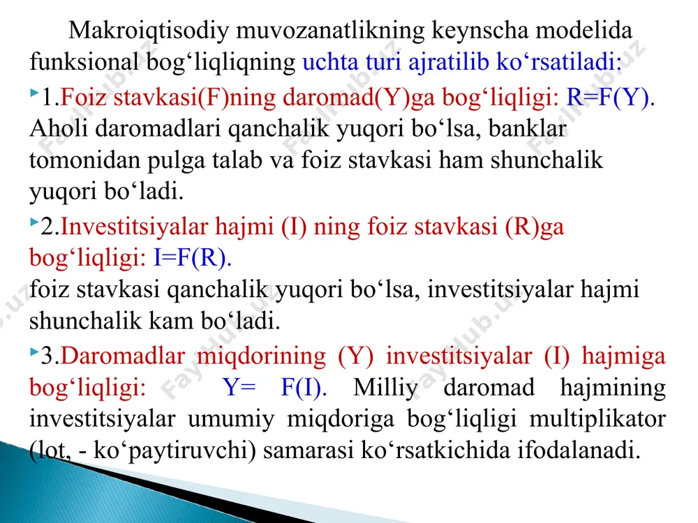 samarali hisoblanadi. fan-texnika taraqqiyoti ham intensiv iqtisodiy o‘sishni rag‘batlantiradi. keyingi yillarda bir qator ijtimoiy ko‘rsatkichlar iqtisodiy o‘sish sharti va natijasi tarzida qaralmoqda. ishlab chiqarish sohasida — bandlikning yuqori dinamikasi; taqsimot sohasida - aholining real daromadlari va boshqalar bir qator ko‘rsatkichlar dinamikasi; ayirboshlash sohasida - savdo va umumiy ovqatlanish moddiy bazasining rivoji, chakana savdo aylanmasi dinamikasi; iste’mol sohasida - iste’molning va noishlab chiqarish jamg‘arishning o‘sishi shunday ko‘rsatkichlarga kiradi. iqgisodiy o‘sishning asosiy ijobiy tomoni - uning ishlab chiqarish va iste’mol tuzilmasi o‘zgarishlariga ta’sir ko‘rsatishidir. 4. r.solouning neoklassik iqtisodiy o‘sish modeli neoklassiklar keynschilardan farqli o‘laroq iqtisodiy o‘sish modellarini tuzishganda iqtisodiy o‘sish ishlab chiqarishning barcha omillari, shu jumladan texnik taraqqiyot tomonidan ta’minlanadi, kapital va mehnat subsititutlar, ular bir-birini alishtirishi mumkin, bozor mexanizmi va barqaror pul tizimi muvozanatni avtomatik tiklashi mumkin degan nazariy asoslarga tayanadilar. neoklassik modellar barcha iqtisodiy jarayonlarning aniq holatini qamrash xususiyatiga egadir. birinchi neoklassik model r.solou tomonidan 1956 yilda ”iqtisodiy o‘sish nazariyasiga …