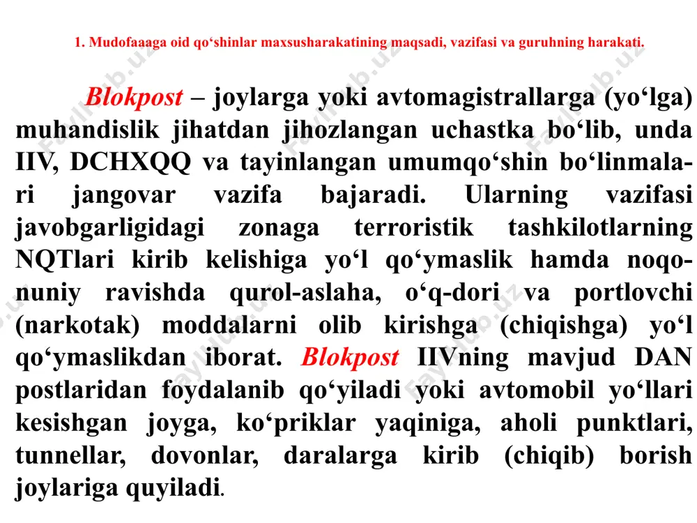 dala blokposti (vaq- tinchalik) yoki statsionar (doimiy) bo‘lishi mumkin 2. motoo‘qchi guruhning davlat chegaralarini qo‘riqlashni kuchaytirish, o‘ta muhim davlat (harbiy) ob’yektlarni hamda komunikatsiyalarni qo‘riqlash va mudofaaa qilish va blokpost tarkibidagi harakatlari. umumqushin bo‘linmalari blokpostda o‘z xizmatini yuzaga kelgan vaziyatdan va bajariladigan vazifadan kelib chiqqan holda avtomagistralga o‘rnatilgan blokpostda iiv organlari (chegara rayonlarida dchxqq bilan) vakillari bilan hamkorlikda o‘taydi. vaqtinchalik biron bir joyga o‘rnatilgan blokpostda esa mustaqil ravishda o‘taydilar. blokpostda xizmat kecha-kunduz uzluksiz olib boriladi. – tekshiruv va nazorat guruhi – iiv bo‘linmalari shaxsiy tarkibi va chegara qo‘shinlari vakillaridan iborat bo‘ladi. avtomobil va boshke texnikani tekshiradi (ko‘rib chiqadi) va fuqarolarning shaxsini aniklash hamda pasport tartibiga rioya etish tadbirlarini nazorat qiladilar. xizmatni mustaqil o‘taganda ikki-uch harbiy xizmatchi, ulardan bittasi serjant (katta) bo‘ladi. umumqo‘shin bo‘linmalaridan quyidagilar tayinlanadi: - o‘t bilan ta’minlash va madad guruhi blokpostga qurolli hujumni qaytarish hamda tekshiruv va nazorat guruhini ularga to‘satdan qurolli hujum bo‘lishini oldini olib, o‘t bilan panalashga …