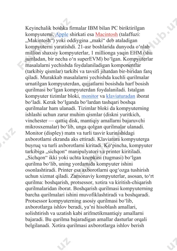 q maqsad yoʻlida qayta ishlay olishiga, inson faoliyatining turli sohalarida ishlab chiqarishni tubdan oʻzgartirishga, kishilarning ishini osonlashtirishga imkon beradi. ob-havoni oldindan aytib berishda meteostyalar va sunʼiy yoʻldoshlardan keladigan axborotlarni yigʻib va tahlil qilib, juda katta hisoblash ishlarini bajaradi va inson uchun qulay boʻlgan shaklda ifodalaydi (qarang: intranet, internet, kompyuter tarmogʻi). kompyuterlarning rivojlanish tarixi - birinchi kompyuterlardan zamonaviy shaxsiy kompyuterlargacha. dunyoda birinchi kompyuter paydo bo'lganda kompyuter davri bizning hayotimizga nisbatan yaqinda kirib keldi. taxminan 100 yil oldin, odamlar kompyuter nima ekanligini bilishmagan, garchi uning eng uzoq o'tmishdoshi abak miloddan avvalgi 3000 -yillarda qadimgi bobilda paydo bo'lgan. birinchi raqamli hisoblash mashinasini ixtiro qilgan birinchi odam 1642 yilda blez paskal edi. hammasi shu kashfiyotdan boshlandi ... geometrik progressiyada insoniyat kompyuter davriga intildi, tobora murakkab funktsiyalarni bajaradigan kompyuterlarni yaratdi. va 1938 yilda birinchi prototip mexanik dasturlashtiriladigan z1 mashinasi yaratildi, uning asosida 1941 yilda o'sha odam zamonaviy kompyuterning barcha xususiyatlariga ega bo'lgan z3 birinchi hisoblash …