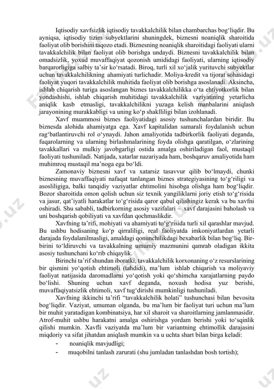 akkalchilik muhitida xavf-xatar darajasi katta bo‘lsa, tavakkalga yo‘l qo‘ymaslik ma’quldir, chunki bu holatda ijobiy natija nolga tenglashadi, ya’ni bu ikki miqdor o‘rtasida shunday bog‘liqlik mavjudki, ulardan birining ahamiyatli miqdori qancha marta ko‘payishi munosabati bilan ularning boshqasi, shuncha marta kamayadi yoki aksincha. “tavakkal” va “tavakkalchilik” iboralarning ma’nosi haqida so‘z yuritadigan bo‘lsak, “tavakkal” tushunchasini uzoq mulohaza qilib o‘tirmay, “nima bo‘lsa bo‘lar, yo ostidan, yo ustidan zaylida qilingan harakat” ma’nosida talqin qilinadi. kembrijning ilg‘or o‘quvchilar lug‘ati (the cambridge advanced learner’s dictionary) tavakkalchilik bo‘yicha oddiy xulosani berar ekan, “yomon voqea sodir bo‘lishi ehtimoli” deb ta’riflaydi3. “tavakkalchilik” tushunchasi esa “tavakkalchi”, “tavakkal bilan ish qiluvchi” ma’nosini beradi4. zero, tavakkalchilik o‘zining miqdoriy hajmiga va sifatiy darajasiga ega faoliyatdir. tadqiqot nuqtayi nazaridan adabiyotlar tahlili shuni ko‘rsatmokdaki, ko‘plab adabiyotlarda “risk” tushunchasiga xavf ehtimoli yoki omadsizlik sifatida qaralmoqda. “moliyaviy qaror qabul qilish ” kitobida t. malikov “risk”ka quyidagicha ta’rif beradi. “zararlarning vujudga kelishi yoki daromadlarning ko‘zda tutilgan darajadan kamroq olinishiga …