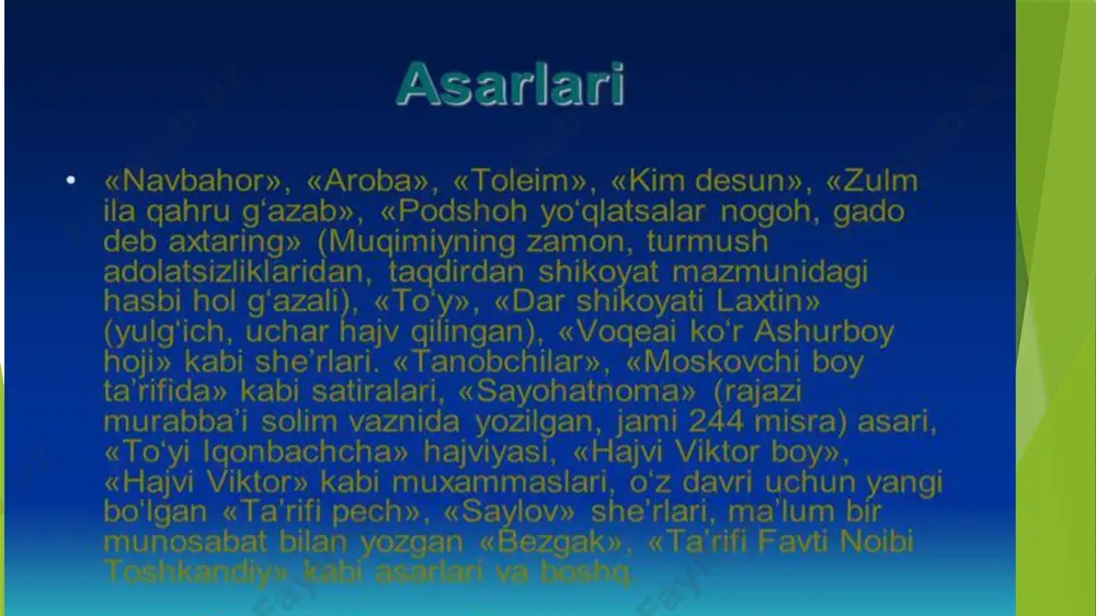lari moltoninamo, hiylagar, birlaridur kunda pix-u gavda xar. ogizlari maqtanib on besh qarish, mayda suxan, ezma (churuk), zanchalish. qaysiki qishloqqa tushar otidin, elni yigib, voqif etar zotidin. derki: «kozungga hali kal jojaman, maxdumi azamlik ozim xojaman. bizga bobo hazrati shohlig mazor, muxlisimiz mardumi ahli diyor. ham yana erxubbi bolodur tago, ammamizning erlaridur nurato. bibi ubayda boladur xolamiz, goh kelur erdi kichik bolamiz. xizr otamlarga burodar erur, chimlig azizlar menga dodar erur. ot, arava, loy, pashsha, bezgak kabi mavzularda 30 ga yaqin hajviy asar yaratgan. ularda shoir turmushning qoloq va chirkin tomonlari, ijtimoiy ongdagi nuqsonlar ustidan kulgan, mustamlakachilik azobi, harobalikni zaharxandalik bilan tasvirlagan („devonamen“, „koʻsamen“ „hayron qildi loy“, „pash-shalar“, „shikoyati bezak“ va boshqalar). boshqa bir qator hajviyalarida jamiyat hayotidagi oʻzgarishlarga yangicha munosabat aks etgan („taʼrifi pech“, „aroba qursin“, „loy“ va boshqalar). sayohatnoma sayohatnoma”lardan qo’qondan shohimardonga faryodkim, garduni dun aylar yurak bag’rimni xun, ko’rdiki, bir ahli funun – charx anga kajraftor ekan. …