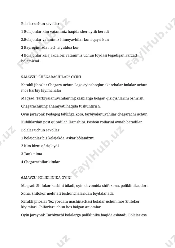 iz kasal bòlganimizda bizni kim davolaydi 2 bolajonlar dori biz uchun nimaga kk 3 kasal bòlganimizda kimga murojat qilishimiz kk 7.mavzu:ikki qizganchiq aviqchalar ertagini sahnalashtirish maqsad: bolalar asarnmg mazmunini biladi, ijobiy va salbiy xislatlar haqida tushunchaga ega boladi. kerakli jihozlar: ikkita ayicha sahna uchun joy oyin jarayoni: pedagog bolalarga ikki qizganchiq ayiqchalar ertagini eslatadi. bolalar ayiqlar rolini ijro etishlari. ayiqlar sozlarini aytib berishlari mumkin bolalar uchun savollar 1 bolaljonlar qizganchiqlik yaxshi odatmi yomonmi 2 qizģonchiq ayiqchamizga òxshashimiz kerakmii 3 yaxshilik haqida maqollar bilamizmi 8.pochta oyini maqsad: bolalarda kasblarga bolgan qiziqishni oshirish. oyin jarayoni: bolalar pocbtachi qanday sifatlarga ega bolishi kerakligini aytadilar. pochtachi uyga xat olib kelganda inavzusini sahnalashtiradilar. 9 mehmonlarni kltam1z oyini maqsad: bolalarda aktyorlik qobiliyatini rivojlantirish. oyin jarayoni: tarbiyaehi bugun tugilgan kun ekanligini va shuning uchun tayyorgarlik korish kerakligini aytadi. buning uchun xonani yasatish. sovga uchun narsa tanlash, dasturxonni tuzash kerak boladi. bolalar uch guruhga bolina- di va ularning …