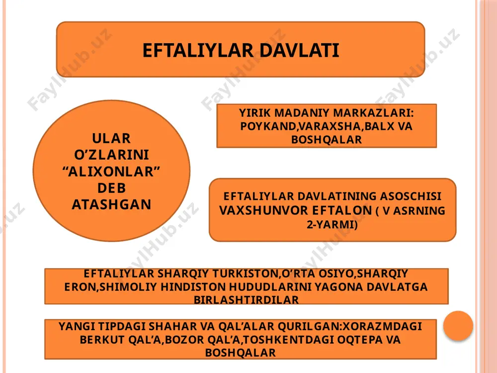 er egaligi munosabatlari. ilk o'rta asrlardayoq ijtimoiy-iqtisodiy hayotda muhim o'zgarishlar yuz berdi. vohalarda yirik sug'orish inshootlari barpo etilib, yangi yerlar o'zlashtirish ishlari kengayib bordi. eftaliylar davrida aholining katta qismi ko'chmanchi chorvadorlar bo'lib, ular chorvachilik, yilqichilik bilan shug'ullangan. suv havzasi, daryo bo'ylariga yaqin hududlarda dehqonchilik rivoj topib bordi. jumladan, xorazm, so'g'd, chag'oniyon va toshkent vohasida dehqonchilik madaniyati salmoqli o'rin tutgan. darg'om, zog'ariq, bo'zsuv kanallari singari suv inshootlari dehqonchilik tarmoqlarini rivojlantirishga xizmat qilgan. eftaliylar davlatining xaritasi nazorat uchun savollar: 1.eftaliylar davlatining asoschisi kim? 2.eftaliylar davlatida qaysi dinlarga e’tiqod qilingan? 3. eftaliylar davlati qachon vujudga kelgan? 4.eftaliylar davlati hozirgi qaysi davlatlar hududida tashkil topgan? foydalanilgan adabiyotlar ro’yxati karimov i.a. biz kelajagimizni o‟z qo‟limiz bilan quramiz. t.7. – t.: o‟zbekiston, 1999. булгаков п.г. из арабских источников о мерве. // труды ютакэ. ашхабад, 1963. т. xii. с.213-214 вамбери г. история бухары или трансоксаниис древнейших времен до настоящего. спб., 1873. с.110 гафуров б.г. таджики. древнейшая, древняя …