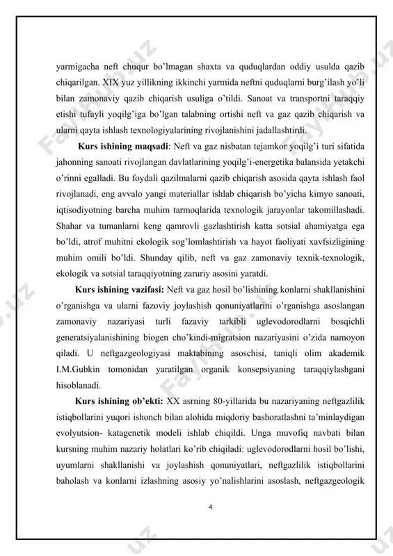 uglevodorodlarning regional to’plamlari toifasiga neftgaz to’planish zonalari, neftgazli viloyatlar va hududlar kiradi. neft va gaz uyumi – neft va gazning o’tkazuvchan – g’ovak va darzli kollektorlardagi alohida tabiiy to’plamidan iborat. uyum tabiiy saqlagichning neft va gazni haydovchi kuchlar bilan unga qarshilik ko’rsatuvchi kuchlar tenglashgan qismida hosil bo’ladi. uyumning shakli va o’lchamlari tutqichning shakli va o’lchamlariga bog’liq[footnoteref:1]. [1: абидов а.а., эргашев й., қодиров м. нефть ва газ геологияси. русча-ўзбекча изоҳли луғат. тошкент. “шарқ” 2000.] neft va gaz koni – maydonining o’lchamlari bilan chegaralangan va yer qobig’idagi bir yoki bir nechta tabiiy tutqichlar bilan bog’liq neft va gaz uyumlari to’plamidan iborat. gaz, neft va suv tutqichda o’zining zichligiga muvofiq joylashadi. gaz eng yengil bo’lganligiga sababli tabiiy saqlagichning yuqori qismida qoplama tagida joylashadi. pastdagi bo’shliqlarni neft va uning tagini suv egallaydi. neft va gaz uyumlarining elementlari. neft va gaz uyumlarida bir nechta elementlar ajratiladi. gaz va neft, neft va suv chegarasi yuzalari gazneft …