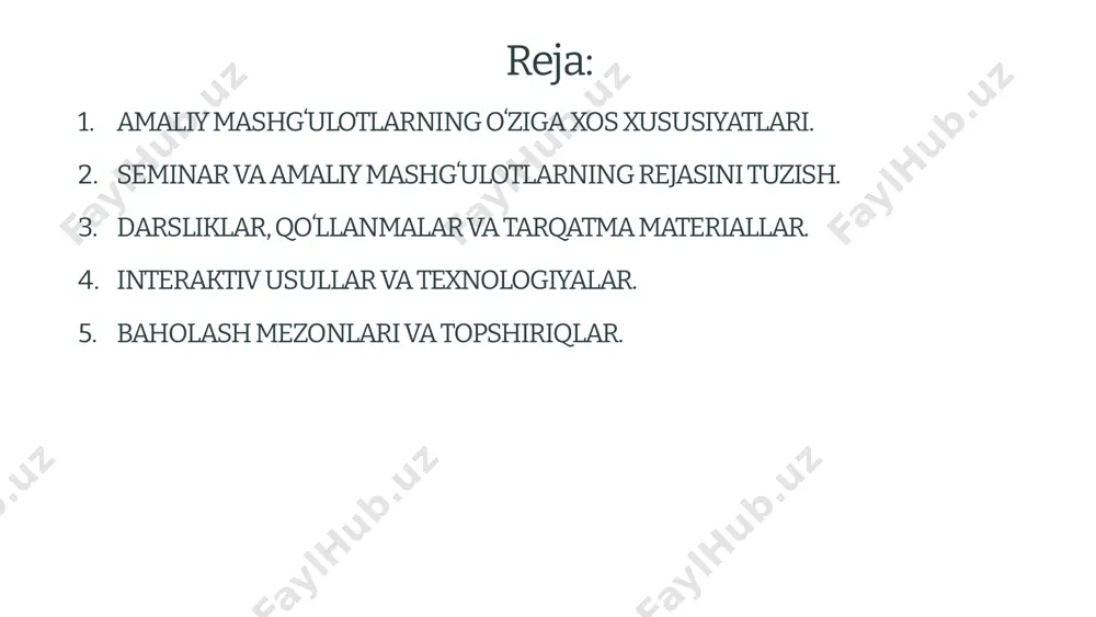 avomida o‘quvchilarning kasbiy va hayotiy ko‘nikmalari rivojlantiriladi. natijaviylik va baholash – o‘quvchilarning bajarilgan topshiriqlari tahlil qilinib, o‘zaro muhokama orqali natijalar baholanadi. amaliy mashgʻulotlar o‘quv jarayonini jonlantirish va samaradorligini oshirishga xizmat qiladi. 4 seminar va amaliy mashgʻulotlarning rejasini tuzish seminar va amaliy mashgʻulotlarning rejasini tuzish jarayonida avvalo mavzu va maqsad aniq belgilanadi. o‘quvchilarga yetkaziladigan asosiy tushunchalar, muhokama qilinadigan savollar va bajariladigan topshiriqlar aniqlanadi. mashgʻulotning bosqichlari belgilanib, kirish, asosiy va yakuniy qism rejalashtiriladi. interfaol usullar, guruh ishlari, test va muammoli savollar orqali o‘quvchilarning faol ishtiroki ta’minlanadi. mashgʻulot uchun zarur materiallar va ko‘rgazmali vositalar tayyorlanadi. yakunda natijalar tahlil qilinib, o‘quvchilarning ishtiroki va yutuqlari baholanadi. reja puxta ishlab chiqilganda mashgʻulot samaradorligi oshadi. 5 darsliklar, qoʻllanmalar va tarqatma materiallar taʼlim jarayonida darsliklar asosiy manba boʻlib, o‘quvchilarga nazariy bilim va amaliy ko‘nikmalarni shakllantirishga xizmat qiladi. qo‘llanmalar esa darsliklarni to‘ldirib, mavzularni chuqurroq tushuntirishga yordam beradi. tarqatma materiallar (sxemalar, jadval va diagrammalar, testlar, ish varaqalari) mashgʻulotlarni interfaol va …