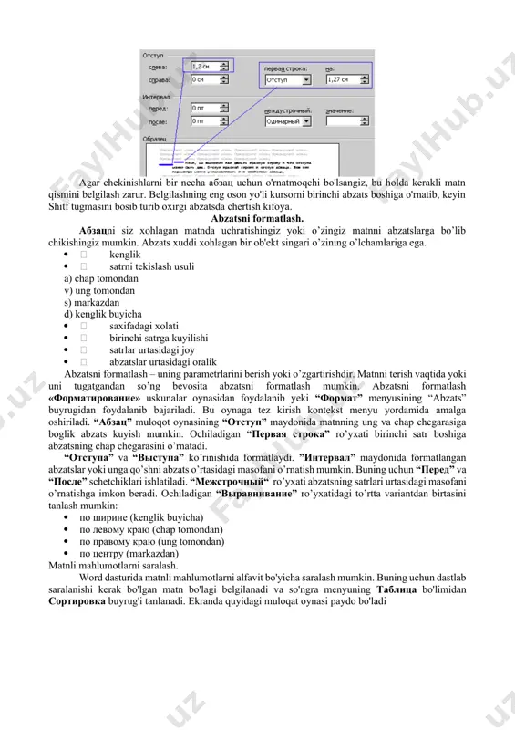 dokument3» va hokazo nom bilan nomlashni tavsiya qiladi. foydalanuvchi dastlab matnni kompyuter xotirasiga kiritishi, so'ngra esa uni kompyuter tavsiya qilgan yoki ixtiyoriy boshqa nom bilan saqlab qo'yishi mumkin. foydalanuvchi faylni ixtiyoriy boshqa nom bilan saqlashi uchun menyuning fayl bo'limidan soxranit kak... buyrug'ini tanlaydi va muloqot oynasining «imya fayla» darchasiga faylning yangi nomi kiritiladi va soxranit tugmachasi bosiladi. fayl bir marta nomlanadi. diskda saqlangan faylga kiritilgan keyingi har bir o'zgarishni saqlash uchun menyuning fayl bo'limidan soxranit buyrug'i yoki uskunalar majmuasidagi belgida «sichqoncha» tugmachasi bosiladi. shu bilan bir katorda faylni tez saqlab qolish usuli bu {ctrl + s} yoki {shift+f12} klavishlar kombinatsiyalaridan foydalanish mumkin. soxranit kak... buyrug'ini berilgan format turidan boshqa format turiga o'tish uchun ishlatiladi. abzats bilan ishlash – chekinishlar dastlab, abzats ochishni o'rganamiz. rus tilida «krasnaya stroka» deb ataladi, u quyidagi rasmda ko'rsatilgan. birinchi satrda chekinish tashkil qilish uchun kursorni birinchi satr boshiga qo'yib tab tugmasi bosiladi. agar abzats o'rtasidagi …