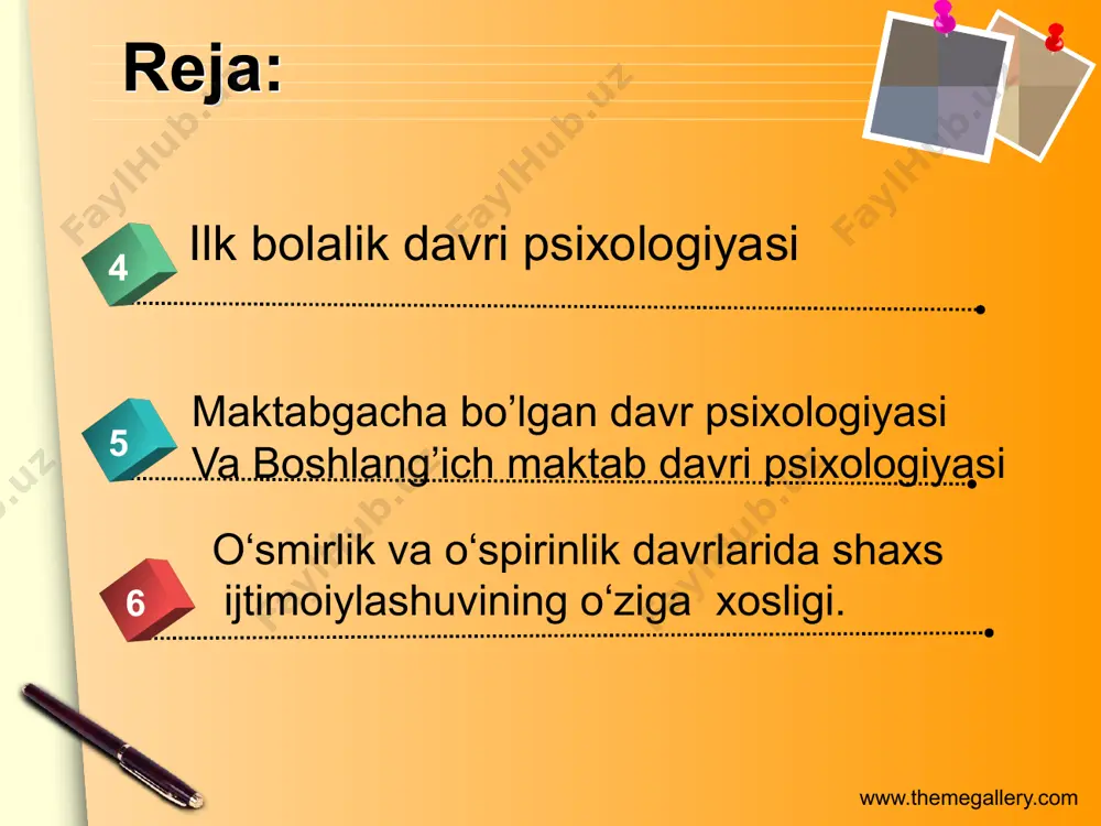 dida ko’pincha kattalarga "bu nima?" degan savol bilan murojaat qiladilar. www.themegallery.com maktabgacha yoshdagi bolalar psixologiyasida juda tez sifat o’zgarishlari bo’lishini inobatga olgan xolda 3 davrga: (3-4 yosh) kichik maktabgacha davr, (kichik bog’cha yoshi), (4-5 yosh) o’rta maktabgacha davr, (o’rta bog’cha yoshi), (6-7 yosh) katga maktabgacha davr (katta bog’cha yoshi)ga ajratish mumkin. bola rivojlanish jarayonida kishilik avlodi tomonidan yaratilgan predmet va xodisalar olami bilan munosabatga kirishadi. www.themegallery.com bog’cha yoshidagi bolalarning extiyojlari va qiziqishlari jadal ravishda ortib boradi. bog’cha yoshidagi bolalar nutqni bir muncha to’la o’zlashtirganlari va haddan tashqari xarakatchanliklari tufayli ularda o’zlariga yaqin bo’lgan katta odamlar va tengdoshlari bilan munosabatda bo’lish extiyoji tug’iladi. www.themegallery.com kichik maktab davri 6-7 yoshdan 9-10 yoshgacha davom etadi. bu davrda bola, fan asoslarini o’rganish uchun biologik va psixologik jihatdan tayyor bo’ladi. uning psixikasi bilim olishga yetadigan darajada rivojlanadi. shu yoshdagi bola idrokining o’tkirligi, ravshanligi, sofligi, aniqligi, hayolining yorqinligi, xotirasining kuchliligi, tafakkurining yaqqolligi o’zining qiziquvchanligi, ishonuvchanligi bilan …