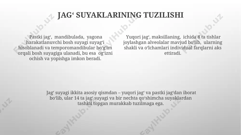 nksiyasi (tmj) yuzning ogʻrigʻiga, bosh ogʻrigʻiga va quloq shovqiniga olib kelishi mumkin, taxminan 50 million amerikaliklarga taʼsir qiladi va stress bilan bogʻliq boʻlishi mumkin. jagʻ boʻgʻimining artriti, taxminan 10% kattalarga taʼsir qiluvchi holat boʻlib, ogʻriq, shish va harakatlanish chegaralanishiga olib keladi, odatda yalligʻlanishga qarshi dori-darmonlar bilan davolanadi. jagʻning sinishi, avtohalokatlar yoki sport jarohatlari natijasida yuzaga kelishi mumkin boʻlib, davolash usullari jagʻni immobilizatsiya qilish yoki jarrohlik aralashuvini oʻz ichiga olishi mumkin, ogʻirlik darajasiga qarab. e'tiboringiz uchun rahmat @taqdimot_robot image1.png image2.png image3.png