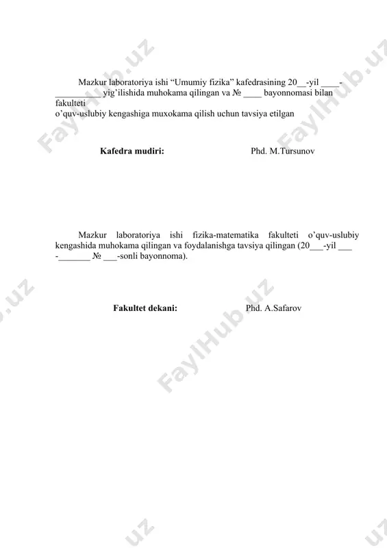 zgichning qarshiligini hisoblash formulasini quyidagicha yozish mumkin: (3) bunda: ρ - o‘tkazgich moddasining turi va holatiga (avvalo, temperaturasiga) bog‘liq bo‘lgan kattalik bo‘lib, uni o‘tkazgichning solishtirma qarshiligi deyiladi. solishtirma qarshilikning son qiymati qirrasi 1 m bo‘lgan kub shaklidagi o‘tkazgichning o‘zaro parallel va qarama-qarshi tomonlari bo‘ylab 1a tok o‘tkazilgan holatdagi qarshiligiga teng. solishtirma qarshilik birligi 1ω•m. metallarning solishtirma qarshiligi juda kichik bo‘ladi. dielektriklarning solishtirma qarshiligi juda katta bo‘ladi. quyidagi jadvalda ba’zi o‘tkazgich solishtirma qarshiliklarining qiymatlari berilgan. 1– jadval: moddalar solishtirma qarshiligi, nω·m temperatura koeffisienti, k-1 moddalar solishtirma qarshiligi, nω·m temperatura koeffisienti, k-1 alyuminiy 28 0,0038 konstantan 480 0,00002 mis 17,2 0,0043 simob 958 0,0009 temir 98 0,0062 ko‘mir 40 -0,0008 volfram 55 0,0051 grafit 8000 - nikelin 400 0,000017 nacl 10% er. 80000000 - nixrom 980 0,00026 kremniy 1012 - qo‘rg‘oshin 211 0,0042 chinni 1022 - po‘lat 120 0,006 suv 1015 - o‘tkazgichning ko‘ndalang kesim yuzi ifodadan topiladi va uni (3) formulaga …