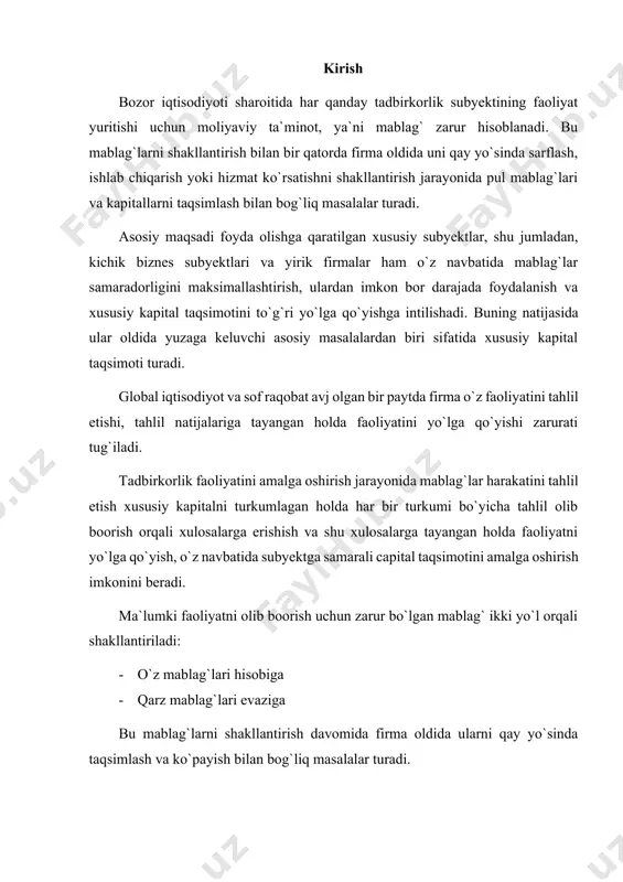nishidagi mablag`lar, ichki moliyalashtirish manbalaridan samarali foydalanishga imkon yaratadi. korxona kapitalining umumiy ko`rinishini aktivlarni shakllantirishda investitsiyalashtirilgan pul mablag`lari, moddiy va nomoddiy shakldagi boyliklar baholaydi va u korxona moliyaviy holatini tavsiflovchi muhim ko`rsatkichlardan biri hisoblanadi. xususiy capital tushunchalariga ta`riflar o`zbekiston respublikasi moliya vazirligi tomonidan tasdiqlangan “moliyaviy hisobotni tayyorlash va taqdim etish uchun konseptual asos”da hamda “hisob siyosati va moliyaviy hisobot”da keltirilgan. xususiy kapital (sarmoya) – subyektning majburiyatlarni chegirib tashlagandan keyingi aktivlaridir. subyekt majburiyatlari – subyekt (qarzdor) ning boshqa subyekt (kreditor) foydasiga muayyan ishni amalga oshirish, masalan, mol-mulkni topshirish, ishni bajarish, pul to`lash va boshqa majburiyatlaridir. kreditor esa qarzdordan o`z majburiyatlarini bajarishini talab qilishga haqlidir aktivlar – subyekt nazorat qiladigan, kelgusida ulardan daromad olish maqsadida avvalgi faoliyat natijasida olingan iqtisodiy resurslardir. yuqoridagi ta`rif va tasniflardan quyidagi bog`lanishni keltirish mumkin: xususiy kapital (xk) = aktivlar (a) – majburiyatlar (m) korxonda xususiy kapitalining ishlab chiqarish jarayonida harakati uning doimiy aylanish jarayoni bilan xarakterlanadi. kapital …