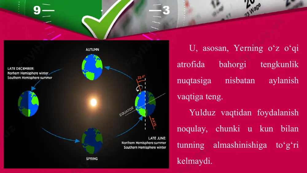 uzunlikdan boshlanadi, deb qabul qilingan. bu chegara sana o‘zgarishi chizig‘i deb ataladi. har bir yangi sutka ana shu chiziqdan boshlanadi. bu chiziq ikki orol yoki ikki shahar oralig‘idan o‘tganda, bu orollar va shaharlarning g‘arbdagisida yangi sana bo‘lsa, sharqdagisida kechagi sana bo‘ladi. o‘zbekistonning butun hududida bir xil – iv mintaqa vaqti qabul qilingan. this presentation uses a free template provided by fppt.com www.free-power-point-templates.com taqvim (kalendar). aziz o‘quvchi, siz „bugun oyning nechanchi kuni?“, „bugun qaysi kun?“ degan savollarni ko‘p eshitgansiz. biror voqea yoki hodisa qachon ro‘y bergani haqida odamlar so‘zlashib qolishadi. xo‘sh, yil, oy, kunlar hisobining o‘zi nima? insonlar shunday hisob yuritish uchun taqvim tizimini o‘ylab topishgan. this presentation uses a free template provided by fppt.com www.free-power-point-templates.com taqvim deb uzoq vaqt hisoblab boriladigan sana tizimiga aytiladi. taqvimlar yer, quyosh va oy harakatlari bilan bog‘langan. hozirgi vaqtda butun dunyoda rasmiy taqvim deb grigoriy taqvimi qabul qilingan. bu taqvim 12 oydan iborat: yanvar — …