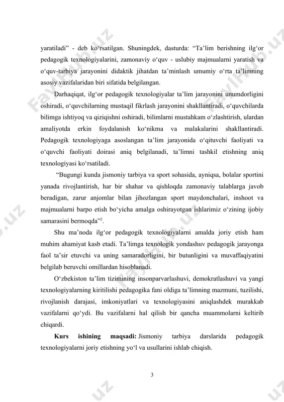 gini va muvaffaqiyatini belgilab beruvchi omillardan hisoblanadi. o‘zbekiston ta’lim tizimining insonparvarlashuvi, demokratlashuvi va yangi texnologiyalarning kiritilishi pedagogika fani oldiga ta’limning mazmuni, tuzilishi, rivojlanish darajasi, imkoniyatlari va texnologiyasini aniqlashdek murakkab vazifalarni qo‘ydi. bu vazifalarni hal qilish bir qancha muammolarni keltirib chiqardi. kurs ishining maqsadi: jismoniy tarbiya darslarida pedagogik texnologiyalarni joriy etishning yo‘l va usullarini ishlab chiqish. kurs ishining vazifasi:jismoniy tarbiya darslarida pedagogik texnologiyalarni joriy etishning nazariy ahamiyatlarini o’rganish. kurs ishining tashkiliy tuzilmasi:ushbu kurs ishi 2 ta bob,4 ta paragrf, xulosa va foydalanilgan adabiyotlardan iborat. i-bob. i bob. jismoniy tarbiya darslarida pedagogik texnologiyalarni joriy etishning nazariy asoslari. 1.1. jismoniy tarbiya darslarida pedagogik texnologiyalarni joriy etishning ilmiy- pedagogik asoslari. ijtimoiy-iqtisodiy islohotlar davrida jamiyat hayotiga yangiliklarning kirib kelishi, inson mehnatining takomillashishi, qulaylikka ega bo‘lishi, yangilanib borishiga bo‘lgan ehtiyoj ta’lim sohasida ham bir qator o‘zgarishlar bo‘lishini taqozo etmoqda. hozirgi kunga kelib ta’lim sohasida shu davrgacha erishilgan yutuqlarni asrab-avaylagan holda ma’lum stereotiplardan voz kechish vaqti keldi. …