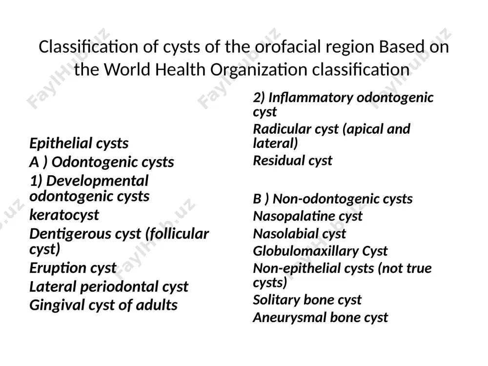 oth is destroyed. most of the cysts are smaller than 1 cm in size and are seen to be present between the cervical margin and apex of the root. treatment: enucleation (attempts should be made to avoid sacrificing the associated tooth). calcifying epithelial odontogenic cyst (gorlin cyst) uncommon , no sex predilection. more common in children and young adults. site: most common site of occurrence is in the anterior part of the mandible. clinical features : usually discovered accidently on radiographic examination. swelling is the most frequent complaint, rarely there is pain. two variant present : peripheral and intraosseous variant, the latter produce a hard bony expansion and may be fairly extensive . in a few cases displacement of the teeth may be seen. radiological features : mixed radiolucency with well defined and some times irregular margine ,may be unilocular or multilocular. the cyst may be associated with a complex …
