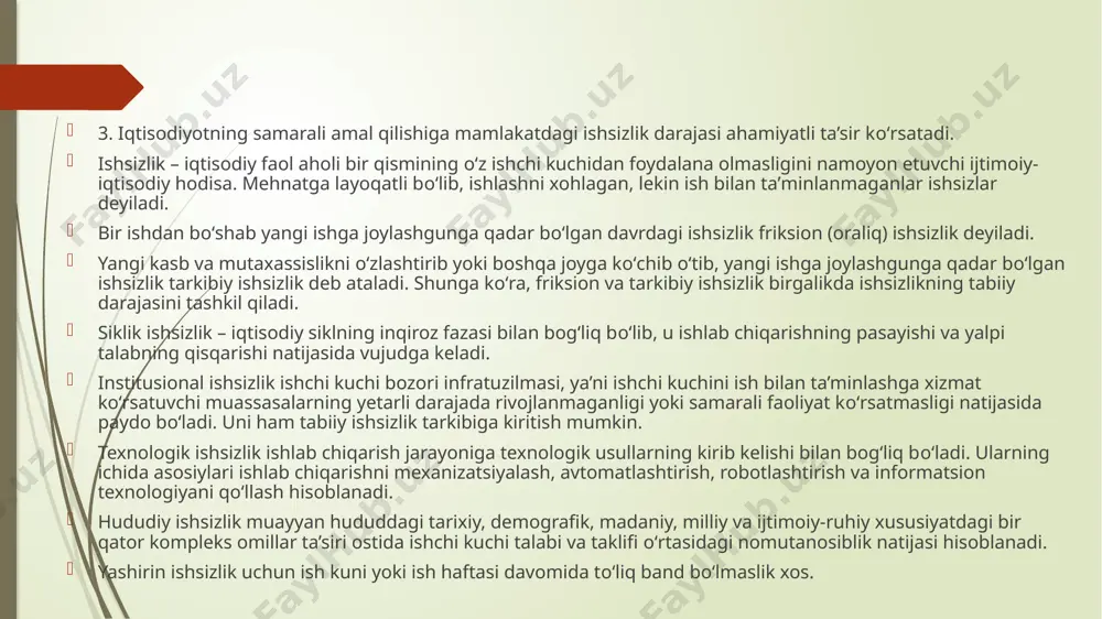 amoat yoki mamlakat miqyosidagi ishchi kuchlarining umumiy kuchlarini ifodalaydi. bu kuchlar jamiyatning qiymat va iste'mol qiymatlarini yaratishda bir-biri bilan bog'liq holatda faoliyat olib boradi. 3 ishsizlik: bu ijtimoiy-iqtisodiy hodisa bo'lib, insonlar ishchi kuchidan foydalana olmaslikni ko'rsatadi. ishsizlik darajasi mamlakatning iqtisodiy oqibatlari, ishlab chiqarish potensiali va yaim hajmi bilan bog'liqdir. 4 ishsizlik turlari: friksion ishsizlik (ishdan boshqa ishga joylashgunga qadar bo'lgan ishsizlik), tarkibiy ishsizlik (ishchilarning malakalarini yo'qotish), siklik ishsizlik (iqtisodiy siklning inqiroz fazasida paydo bo'ladi), institutsional ishsizlik (ishchi kuchini ta'minlash tizimining rivojlanmaganligi), va texnologik ishsizlik (texnologik usullar bilan bog'liq) mavjud. 5 ishsizlikning oqibatlari: ishsizlikning samaradorligi darajasi mamlakatning ishlab chiqarish potensiali va mahsulot hajmi orqali baholanadi. ishsizlikning oqibatlari shaxsiy daromadni va ijtimoiy muhofazani ta'sir qilishi mumkin. 6 ishchi kuchini ta'minlash siyosati: davlatning ishchi kuchini ta'minlash uchun yonlardan iborat siyosati jamiyat a'zolarining manfaatlarini himoya qilishning yanada oshishini ta'minlashni ham o'z ichiga oladi. bu siyosat oilaviy biznesni rivojlantirish, mikrokreditlash tizimini rag'batlantirish, ishlab chiqarish korxonalari …