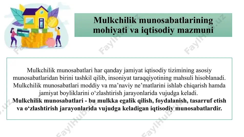 shi mumkin. mulk sub’yekt sub’yekt mulkchilik munosabatlari - bu mulk ob’yektini o‘zlashtirish bo‘yicha mulk sub’yektlari o‘rtasidagi iqtisodiy munosabatdir. mulkchilik huquqlari esa mulk sub’yektining mulk ob’yektiga nisbatan munosabatidir, ya’ni undan foydalanish va nazorat qilish yuzasidan kelib chiquvchi huquqlar majmuidir: sub’yekt mulk mulkchilik shakllari korporativ xususiy mulk -ma’lum maqsad yo‘lida o‘zaro birlashgan mulkdorlar mablag'iga asoslangan korxonalar tashkil etish orqali o‘zlashtiriluvchi vosita va ne'matlar jamoa mulki - muayyan maqsad yo‘lida turli ko‘rinishdagi jamoalarga birlashgan kishilar tomonidan birgalikda o'zlashtiriluvchi vosita va ne’matlar davlat mulki - o‘z vazifalarini bajarish maqsadida davlat tomonidan o‘zlashtiriluvchi turli vosita va ne’matlar xususiy mulk - ayrim kishilar va guruhlarga tegishli bo‘lib, yollanma mehnatdan foydalanib daromad topishga qaratilgan mulk yakka tartibdagi xususiy mulk - alohida olingan mulkdor tomonidan o'zlashtiriluvchi vosita va ne'matlar shaxsiy mulk -fuqarolarining shaxsiy yoki oilaviy mehnati orqali shakllangan va ularning ehtiyojlarini qondirishga qaratilgan mulk aralash mulk - turli mulk shakllaridan tashkil topib, shunga muvofiq tarzda o'zlashtiriluvchi vosita va …