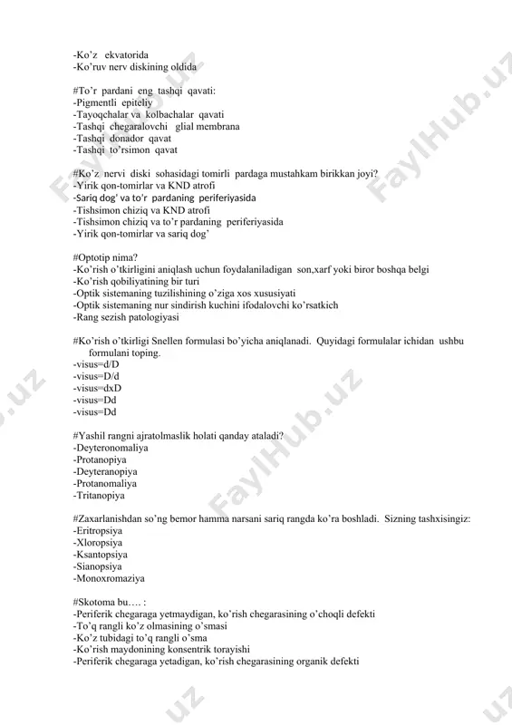 klinik refraksiyasi #optik sistema refraksiyasi deb … aytiladi: -dioptriylarda ifodalanuvchi optik sistemaning sindirish kuchi -konvergensiya bilan bog’liq holat -optik sistemani undan o’tuvchi yorug’likni neytrallash xususiyati -optik sistemani unga tushuvchi nurlarni akslantirishi -bir biridan ma’lum uzoqlikda joylashgan linzalar sistemasi #klinik refraksiya – bu: -yorug'likni qabul qila olish -shox parda qiyshiqligi radiusi -gavharning nur sindirish kuchi -ko’zning optik kuchi va o’qi uzunligi o’rtasidagi mutanosiblik -optik sistemaning bosh tekisliklari #statik refraksiya nimani anglatadi? -akkomodatsiyaning tinch holatida to’r pardada tasvirning hosil bo’lishi -shox pardaning sindirish kuchi -gavxarning sindirish kuchi -kameradagi suyuqlikning sindirish kuchi -to’r parda funksiyasi #tashqi govmichcha – bu: -konyunktiva ichki qismini chegaralangan yallig’lanishi -qovoq qalinligida yallig’lanishli infiltrat -ter bezining surunkali yallig’lanishi -kiprik ildizi qopchasining o’tkir yiringli yallig’lanishi -meybomiy bezining o’tkir yallig’lanishi #tashqi govmichchani keltirib chiqaruvchi mikroorganizm: -diplokokk -stafilokokk -pnevmokokk -streptokokk -kox tayoqchasi #surunkali dakriosistit sababi xisoblanadi: -ko’z yosh- burun kanalining stenozi -surunkali meybomiit -ko’z yoshi nayining stenozi -surunkali konyunktivit -surunkali kanalikulit #o’tkir …