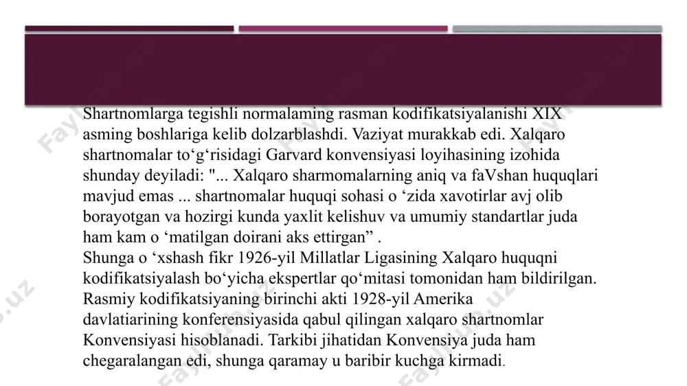 tegishli vakolat taqdim etishidan qat’i nazar, funksiyalari kuchidan kelib chiqqan holda davlat nomidan ishtirok eta oladigan shaxslar doirasini aniqladi: a) barcha shartnomalami tuzishga oid bo'lgan aktlami amalga oshirish maqsadida - davlat boshlig'i, hukumat boshlig‘i va tashqi ishlar vaziri; . b) akkreditatsiya qiluvchi davlat va akkreditatsiyani amalga oshirib bo'lgan davlat o'rtasida shartnoma matnini qabul qilish maqsadida diplomatik delegatsiya boshliqlari; d) davlat tomonidan xalqaro konferensiya yoki xalqaro tashkilot yoki uning organlaridan birida xuddi shunday konferensiya yoki xalqaro tashkilot yoki organlarda shartnoma matnlarini tuzishda davlatni namoyish etishi, davlat nomidan qatnashishi (7-modda. vakolat). xalqaro tashkilot vakillarining vakolatlari xalqaro tashkilot vakillarining vakolatlari 1969-yildagi vena konvensiyasi “ har bir davlat shartnoma tuzish huquqiga ega” deb belgilaydi. xalqaro tashkilotlar bilan esa boshqacharoq vaziyat. xalqaro tashkilotlarning hammasi ham bunday huquqqa ega b o ‘lavermaydi. bundan tashqari, davlatdan farqli o ‘lai*oq ularning bu huquqi individual hisoblanadi. bir tashkilot aynan bir munosabatlarda boshqasidan sezilarli darajada farq qilishi mumkin matnni qabul …