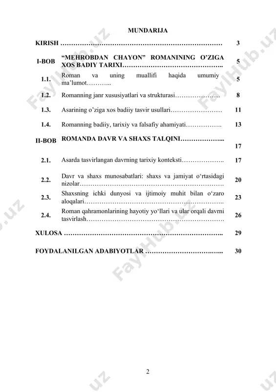 ng inson hayotiga ta’sirini va shaxslarning o‘zlariga bo‘lgan munosabatlarini chuqur anglash. kurs ishining vazifalari: · "mehrobdan chayon" romanidagi davrni tahlil qilish va uning shaxsga bo‘lgan ta’sirini aniqlash. · romanda tasvirlangan shaxslarning psixologik portretlarini o‘rganish va ularning o‘zaro munosabatlaridagi ijtimoiy, ma’naviy va axloqiy aspektlarni tahlil qilish. · yozuvchining shaxs va jamiyat o‘rtasidagi konfliktni qanday badiiy vositalar yordamida ifodalaganini ko‘rsatish. · romanidagi davr va shaxs talqini orqali o‘z davrining adabiy va ijtimoiy muammolarini qanday yoritganini o‘rganish. kurs ishini obyekti: "mehrobdan chayon" romani va undagi asosiy obrazlar, davr va shaxsning o‘zaro aloqalari. asar orqali tasvirlangan tarixiy va ijtimoiy muhit, uning shaxslarning fikrlash tarziga va hayotiga ta’siri. kurs ishining predmeti: "mehrobdan chayon" romanida tasvirlangan davr va shaxs talqini. asarda shaxsiyatlarning ichki dunyosi, jamiyatdagi o‘rinlari va o‘zaro munosabatlaridagi o‘zgarishlar, davrning shaxsga bo‘lgan ta’sirini ochib berish. kurs ishining metadologik asosi: tadqiqotda adabiy tahlil, psixologik tahlil, strukturalizm va kontekstual yondoshuvlar asosida romanni tahlil qilish. shuningdek, zamonaviy adabiyotshunoslik …