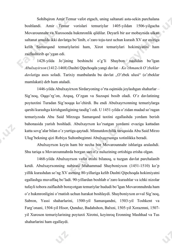 ar tufayli tobora zaiflashib borayotgan temuriylar hududi bo’lgan movaronnuhrda ham o’z hukmronligini o’rnatish uchun harakat boshlaydi. shayboniyxon avval sig’noq, sabron, yassi shaharlarini, 1500-yil samarqandni, 1503-yil toshkent va farg’onani, 1504-yil hisor, qunduz, badahshon, balxni, 1505-yil xorazmni, 1507-yil xuroson temuriylarining poytaxti xirotni, keyinroq eronning mashhad va tus shaharlarini ham egallaydi. 1502-yilda eronda shoh ismoil (1502-1524) yangi bir sulola – safaviylar sulolasi (1502-1722)ga asos soladi. xurosonga egalik qilish masalasida shayboniyxon va ismoil safaviy o’rtasida nizo kelib chiqadi. 1510-yil marv yaqinidagi jangda shayboniyxon eron qo’shinlaridan mag’lubiyatga uchrab jang maydonida halok bo’ladi. shayboniyxon halok bo’lgach, bobur mirzo shoh ismoil yordamida movarounnahrni shayboniylardan qaytarib olish uchun kurash boshladi va nihoyat, 1511-yilning kuzida samarqandni uchinchi marta qo’lga kiritdi. bobur samarqandni egallagach, noilojlikdan islomning shiyalik yo’nalishiga e’tiqod qiluvchi shoh ismoilni oliy hukmdor deb e’lon qildi. bu esa samarqand xalqining bobur mirzodan yuz o’girishiga sabab bo’ldi. chunki movarounnahr aholisi, boburning o’zi ham islomning sunniylik yo’nalishiga e’tiqod qilganlar. shayboniylar ham …