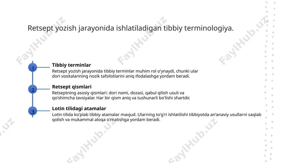 'ri ma'lumot berishda, balki bemorlar uchun xavfsizligini ta'minlashda muhimdir. 3 o'zbekistondagi an'analar - o'zbekistonda lotin tilida retsept yozish an'analari o'ziga xosdir. bu, tibbiy ta'lim va amaliyotda xalqaro standartlarga muvofiq ravishda rivojlanmoqda. foydalanilgan adabiyotlar 1. toshpo'latova, n. m. lotin tilida retsept yozish qoidalari va ularning tibbiy ta'limda qo'llanilishi. o'zbekiston tibbiyot axborotnomasi, 2021 2. saidov, m. o'zbekistonda tibbiy ta'lim konteksti: lotin tilida retsept yozish va madaniy ahamiyati. tibbiyot va madaniyat, 2022 3. abdullaeva, l. j. lotin tilida tibbiyot terminologiyasi: asosiy qoidalar va yozish uslubi. o'zbekiston fanlar akademiyasi, 2020 4. khamroyev, a. m. tibbiy ta'limda lotin tilini o'rganish: tarixiy va madaniy aspektlar. tibbiy ta'lim jurnali, 2023 5. yunusova, d. s. retsept yozish qoidalari: lotin tili va o'zbekiston tibbiy ta'limi. o'zbek tibbiy jurnali, 2022 e'tiboringiz uchun rahmat! /docprops/thumbnail.jpeg