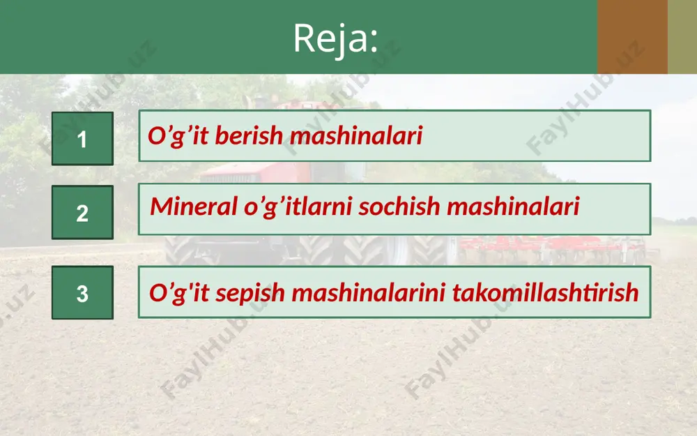 h mashinasi bir o’qli yarim tirkama bo’lib, mineral o’g’itlarni sochishga mo’ljallangan. suyuq o'g'itlarni dalaga chiqarish uchun zjv-3,2, rju-3,6, rjt-4, rjt-8, mjt-6, mjt-16 va mjt-23 rusumli mashinalardan foydalaniladi. bu mashinalardan gerbisidlarning ishchi eritmalari va zaharli ximikatlar, torf-gung va boshqa kompostlar tayyorlashda, suyuq materiallarni tashishda, mashinalarni yuvishda va qishloq joylarda yong'inni o’chirishda foydalanish mumkin. suyuq organik o’g'itlarni, organik va mineral o’g'itlarning namligi 92% dan yuqori bo’lgan aralashmasini tuproqga ko’mish uchun avv-f-2,8 agregatni qo’llash mumkin. bu agregat mjt-10 mashinasi asosida yaratilgan bo’lib, orqa qismida o’g'itni tuproqga ko’mib ketuvchi moslamasi borligi bilan farq qiladi. o’g’it sochish apparatlari o’g’it sochish apparatlari katta kulamdagi organik va mineral o’g’itni me`yorlab, tuproqqa ishlov berishdan oldin yer yuzasiga yoppasiga sepish uchun ishlatiladi. sepilgan o’g’it keyinchalik plug, kul tivator, diskli tirma kabi kurollar yordamida tuproqqa aralashtiriladi. mineral o’g’itni yerga solishga tayyorlaydigan mashinalar. o’g’itni yerga solish uchun tayyorlashda qopdagi qotib qolgan mineral o’g’it, agregat bunkeriga solinadi. tebranib turadigan ta`minlagich 2, ularni …