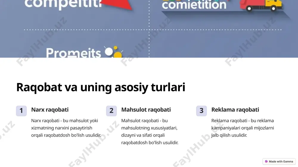 a raqobatni qo'llab-quvvatlash mexanizmlari innovatsiya yangi mahsulotlar va xizmatlarni ishlab chiqarish savollarga javob berish mijozlar ehtiyojlarini yaxshi tushunish va ularning ehtiyojlarini qondirish o'quv xodimlarni o'qitish va ularning malakalarini oshirish 6 tadbirkorlar o'rtasidagi raqobatni rag'batlantiruvchi omillar bozor talabining o'sishi bozor talabining o'sishi ko'proq tadbirkorlarni jalb qiladi va raqobatni kuchaytiradi. texnologiya taraqqiyoti yangi texnologiyalar paydo bo'lishi raqobatdoshlikni oshiradi va tadbirkorlarga yangi imkoniyatlar yaratadi. globalizatsiya globalizatsiya turli mamlakatlarning tadbirkorlari o'rtasida raqobatni kuchaytiradi. 7 xulosalar va amaliy tavsiyalar 1 tadbirkorlikni rag'batlantirish tadbirkorlarni qo'llab-quvvatlash va ularga raqobatlashish uchun qulay sharoit yaratish muhimdir. 2 raqobatni nazorat qilish bozorning barqarorligini ta'minlash va nohaq raqobat usullariga yo'l qo'ymaslik uchun raqobatni nazorat qilish kerak. 3 innovasiyani rag'batlantirish tadbirkorlarni innovasiya qilishga undash va ularning yangi mahsulotlar va xizmatlarni ishlab chiqarishga bo'lgan rag'batini oshirish kerak. 8 image1.png image2.png image3.png image4.png image5.png image6.png image7.png image8.png image9.png image10.png image11.png image12.png image13.png image14.png