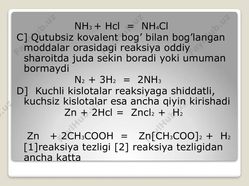 igan reaksiyalar f o t o k i m y o v i y r e a k s i y a l a r deyiladi. odam organizmida boradigan ko‘pchilik reaksiyalar fotokimyoviy reaksiyalar qatoriga kiradi. quyoshning ultrabinafsha nurlari ta’sirida odam terisida raxitga qarshi faollikka ega bo‘lgan d vitamini sintezlanadi fotosintez - o‘simliklar organizmini odam va hayvonlar uchun zarur bo‘lgan kislorod zahirasi bilan ta‘minlovchi jarayon hisoblanadi. nurning fotokimyoviy ta’siri shundaki, bunda reaksiyaga kirishayotgan molekula yoki atomlar fotonlar ta’sirida qo‘zg‘algan holga o‘tadi. fotokimyoviy reaksiyalar tezligi o‘zgarishga uchrayotgan modda konsentratsiyasi va temperaturaga bog‘liq bo‘lib, yutilgan nurlanish energiyasi miqdoriga proportsional. tabiiy fotokimyoviy reaksiyalar organizmga ijobiy ta’sir etadi. masalan: quyosh nuri ta’sirida d provitamin d vitaminga aylanadi, bu esa suyak to‘qimalarining regeneratsiyasini kuchaytiradi. ultrabinafsha nurlar bakteriyalarni o‘ldiradi, uning bu hususiyatidan in‘eksion eritmalarni sterilizatsiya qilishda foydalaniladi fotokimyoviy reaksiyalar biokimyoviy reaksiyalarni qo‘zg‘atuvchisi (stimulyatori) hisoblanadi, shuning uchun ba’zi kasalliklarni profilaktika qilish va davolashda quyosh vannalaridan foydalaniladi. fotokimyoviy reaksiyalar …