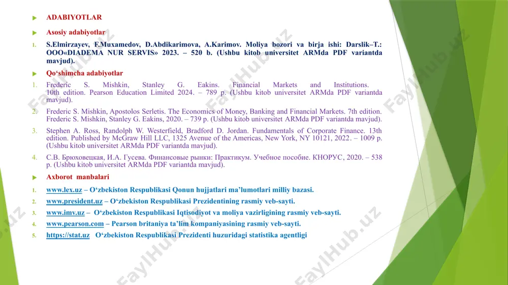 1. moliya bozorining iqtisodiy mohiyati, ahamiyatli jihatlari. 2. moliya bozori ishtirokchilari. 3. moliya bozorining tarkibiy tuzilishi. moliya bozori — oldi-sotdi ob’yekti pul yoki pulga tenglashtirilgan qogʻoz bilan bogʻliq boʻlgan bozor. bu bozorda moliya mablagʻlarini vaqtincha haq toʻlab ishlatish yoki ularni sotib olish yuzasidan munosabatlar olib boriladi, shuningdek, pul mablagʻlarini jamgʻarganlardan qarzga oluvchilarga oʻtishi taʼminlanadi. moliya bozorining tarkibiy qismlari: 1. pul bozori; 2. valyuta bozori; 3. ssuda kapitali bozori; 4. investitsiya bozori; 5. sug’urta bozori; 6. qimmatli qog’ozlar bozori. pul bozori — moliya bozorining asosan qisqa muddatli (bir yilgacha) kredit operatsiyalari amalga oshiriladigan qismi. pul bozoridagi operatsiyalar firmalarning aylanma kapitali harakatiga, banklarning qisqa muddatli resurslariga xizmat koʻrsatadi. valyuta bozori — talab va taklif asosida chet el valyutasi oldi-sotdi qilinadigan bozor. ssuda kapitali bozori — vaqtincha foydalanib qaytarish, maʼlum foiz haq toʻlash sharti bilan qarzga beriladigan pul kapitali bozori. investisiya bozori - iqtisodiyotni rivojlantirish maqsadida oʻz mamlakatida yoki chet ellarda turli tarmoqlarga, …
