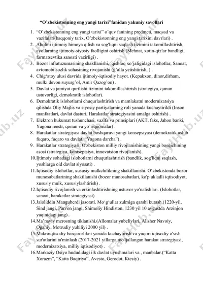 "o’zbekistonning eng yangi tarixi" fanidan yakuniy savollari — DOCX