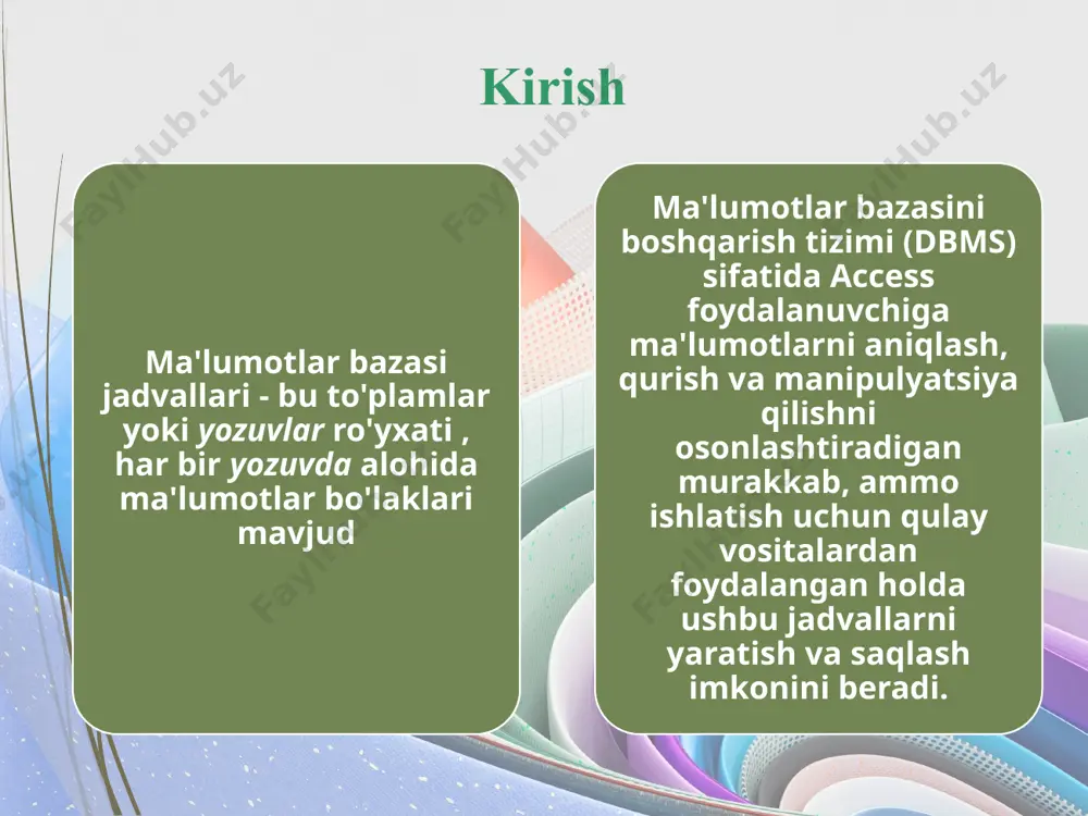 ki tasodifiy) sana/vaqt sana va vaqtni saqlaydi (turli umumiy formatlarda) valyuta valyuta qiymatlarini saqlaydi matn belgilar, raqamlar, tinish belgilari va maxsus belgilarni saqlaydi eslatma katta hajmdagi matnli ma'lumotlarni saqlaydi raqam faqat raqamlar, + yoki - belgilari va kasrlarni o'z ichiga oladi 11 jadvallar jadvalni loyihalash: ma'lumotlar turlariga kirish (davomi): ha/yo'q , ha yoki yo'q qiymatini saqlaydi; ma'lumotlar jadvali ko'rinishida belgilash katakchasi sifatida paydo bo'ladi (mantiqiy yoki mantiqiy tip deb ham ataladi) ole grafiklar, tovushlar va boshqa ob'ektlarni bog'lash va joylashtirish ob'ektlarini o'z ichiga oladi giperhavola internet manzillari uchun url manzillarini saqlaydi qidiruv boshqa jadvaldan usta qiymatini olish imkonini beruvchi maydon yaratadi 12 jadvallar maʼlumotlarni kiriting va oʻchiring: ma'lumotlar bazasi jadvalini yaratish ikki qismli jarayondir; birinchi qism jadvalning tuzilishini belgilaydi. jarayonning ikkinchi qismi foydalanuvchi tomonidan kiritilgan ma'lumotlarni o'z ichiga oladi; bu odatda ma'lumotlarni jadvalga jismoniy yozishni talab qiladi ma'lumotlar jadvalning ma'lumotlar jadvali ko'rinishidan foydalangan holda to'g'ridan-to'g'ri ma'lumotlar bazasi jadvaliga kiritilishi mumkin; …