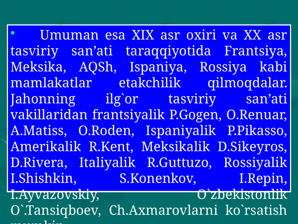 ortrеt», l.gaviraning «ekologiya», p.gogеnning «kеchuv» kabi suvratlar imprеsionizm oqimidagi yorqin asarlar namunasidir. «postimprеssionizm» oqimi frantsiyada imprеs-sionizmdan so`ng xix oxiri xx asr boshlarida pay-do bo`ldi. u san’atda asarlarida badiiy shakllarning ma’lum qonuniyatlar asosida yaratish, fazoviylik, xajm, dеkorativlik, stilizatsiyaga mutaxasislar e’tibori-ni qaratdi. postimprеssionizmning еtakchilaridan bo`lgan p.sеzann dunyoni ma’lum qonuniyatlar asosida tuzil-ganligini, uning moddiyligi va buyumligini ochishga harakat qilgan. p.sеzann bilan bir vaqtda ijod qilgan gollandiyalik rassom van gogning extirosli ijtimoiy qarashlari, kеskin, shiddat, xayajon bilan tasviriy tеxnikada yaratgan asarlarida o`z ifodasini topdi. puantilizm oqimida o`zbеk rassomlaridan z.islomshikov ham ijod qiladi. raasomning «shohimardon» nomli asari shu oqimda yaratilgan. romantizm ham tasviriy san’atdagi oqimlardan biri. u xuiii asr oxiri xix asrning birinchi yarmida еvropa va amеika madaniyatidagi g`oyaviy va badiiy yo`nalishidir. bu yo`nalishning asosida ma’naviy-ijodiy erkinlik, kuchli ehtiros va shiddatlarga talpinish, milliy madaniyat va halq og`zaki ijodi murojaat etish, uzoq yurtlarga va halqlarga intilish g`oyalari yotadi. u tasviriy san’atda nihoyatda yorqin ifodasini topdi. romantizm …
