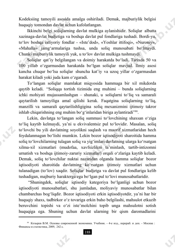 rilgan budjet xarajatlarini manzilli va maqsadli sarflanishini ta’minlanishi natijasida xarajatlarning maksimal iqtisod qilinishi ta’minlanmoqda. 14.3. soliqlarning turlari va funksiyalari soliqlar majburiy to‘lovni ifoda etuvchi pul munosabatlarini bildirib, bu munosabatlar soliq to‘lovchilar (huquqiy va jismoniy shaxslar) bilan soliqni o‘z mulkiga aylantiruvchi davlat o‘rtasida yuzaga keladi. korxona va tashkilotlar aholiga xizmat ko‘rsatganida, ishlar bajarganida yoki bozorlarda oldi-sotdi kilganda ham pul to‘lovlari mavjud. lekin ular soliq bula olmaydi. soliq munosabati bulish uchun davlat mamlakatda yaratilgan yalpi ichki mahsulot kiymatini taksimlash yo‘li bilan majburan davlat budjetiga mablag to‘plash jarayonini amalga oshiradi. soliqlarning o‘ziga xos belgilari mavjud bo‘ladi, ularga: majburiylik, xazinaga tushishlik, kat’iylik va doimiylik, anik soliq to‘lovchi uchun ekvivalentsizlik belgilari mavjuddir. birinchi belgi-majburiylik. soliq va yig‘imlar majburiy bo‘ladi, bunda davlat soliq to‘lovchining bir kism daromadlarini majburiy badal sifatida budjetga olib kuyadi. bu majburiylik oliy majlis tasdiqlab bergan soliq kodeksiing tamoyili asosida amalga oshiriladi. demak, majburiylik belgisi huquqiy tomondan davlat uchun kafolatlangan. ikkinchi belgi soliqlarning …