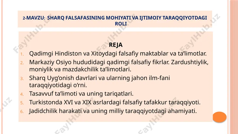 aqqiy etgan. abu rayhon beruniyning «hindiston» asarida yozilishicha, eramizning birinchi asrlaridayoq hindistonda tibbiyot, riyoziyot, ilmi nujum, kimyo, musiqa, poeziya, tarix, san’at va falsafaga oid bilimlar keng rivojlangan bo‘lgan. ayniqsa, noyob tabiatga, sahiy zaminga, ajoyib nabotot va hayvonot olamiga boy bo‘lgan qadimgi hindistonda madaniyat va san’atga oid, diniy, falsafiy qarashlar keng rivojlangan. hind falsafasi taraqqiyotdagi epik davr deb ataladigan bosqich eradan oldingi vi asrdan boshlanadi. bu vaqtda hind jamiyatida muhim o`zgarishlar yuz berib, dehqonchilik va hunarmandchilik rivojlanadi, ijtimoiy tarmoqlanish kengaya boradi, qabilaviy hokimiyatchilikka asoslangan siyosiy boshqaruv o`z ta’sirini yo`qotadi, monarxiya hukmronligi kuchayadi. hindistonda falsafagacha bo‘lgan fikrlar uchta manbada mujassamlashgan: vedalar mahabhorat bxagadvita qadimgi hind falsafasi shakllanish davri to‘rtga bo‘linadi: vedalar davri (er.avv.1500 – 600 y.). bu davr oriylarning joylashishi va ular madaniyatining yoyilishi, “o‘rmondagi universitetlar”ning paydo bo‘lishi davri (er.avv. 600- 200y.) – ilk upanishaddan darshanlar yoki falsafiy sistemalargacha bo‘lgan davr. bu davrda buddizm, jaynizm va boshqa ko‘plab diniy ta’limotlar paydo bo‘ladi …