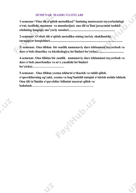 shiriqlariga asosan va ushbu qonunda nazarda tutilmagan boshqa yo‘l bilan qo‘shimcha fanlarni kiritishga yo‘l qo‘yilmaydi. . ta’lim mazmunini shakllantirish zamonaviy peda-gogikada, xususan, o‘zbek tili o‘qitish metodikasida quyidagi 4 ta muhim tarkibiy qism hisobiga amalga oshiriladi: i.o‘quvchilar egallashi zarur bo‘lgan bilimlar tizimi (til faktlari, tushunchalar, qoidalar, ta’riflar tizimi); ii. tanlangan ilmiy-nazariy bilimlarga muvofiq keladigan amaliy ko‘nikma va malakalar tizimi; iii. o‘quvchilarni ijodiy faoliyat usullariga o‘rgatish: bu faoliyat qayta xotirlash, qisman ijodiy va ilmiy — ijodiy darajada bo‘lishi mumkin. iv. o‘quvchi va o‘qituvchi o‘rtasidagi o‘zaro munosabatlar tizimi. . amaldagi davlat ta’lim standartlarining mazmuni: . bilim,ko‘nikmava malakalar majmui tayanch o‘quv reja o‘quv dasturlari baholash mezonlari . ona tili ta’limining samaradorligini oshirish, o‘quvchini ta’lim jarayonining subyektiga aylantirish, o‘quvchilarning egallagan bilim, ko‘nikma va malakalarini bilishning qulay yo‘llarini aniqlash, ona tilidan sinfdan tashqari ishlarni samarali tashkil etish singarilar «o‘zbek tilini o‘qitish metodikasi» fanning ilmiy tadqiqot obyektidir. ona tili ta’limining samaradorligini oshirish, o‘quvchini ta’lim jarayonining subyektiga aylantirish, …