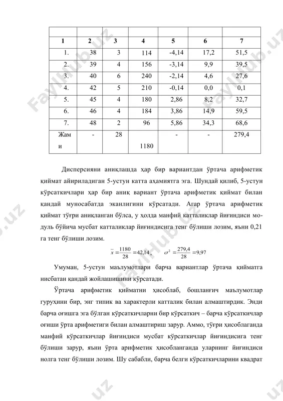 ич мослик (38,99 ÷ 45,29) с каби тақдим этилади, бу чегарадан чиқувчи вариантлар типик бўлмаган, нохарактерли, етарлича бўлмаган кўрсаткичлар ҳисобланади. натижалардаги оғиш характерини аниқлаш учун вариацион қатор параметри – вариация коэффициенти v қўлланилади. у қуйидаги формула орқали ҳисобланади: (6) (4) формула бўйича σ оғиш кўрсаткичи ўртача арифметик қийматнинг неча фоизини ташкил этишини аниқловчи вариация коэффициенти қийматини топамиз. демак, 1-мисолда , кўрсаткичлардаги оғиш ўртача арифметик қийматга нисбатан 7% ни ташкил этади. агар вариация коэффициенти 10–15 % дан ортмаса, бу факт гуруҳдаги натижаларни биржинсли деб фараз қилишга асос бўла олади. жисмоний тарбия ва спорт амалиётида бундай чекланиш мавжуд эмас. аммо, вариация коэффициенти тез-тез қўлланилади ва гуруҳдаги натижаларнинг оғишини жуда характерли ифодалайди. масалан: вариация коэффициенти синалувчининг малакасини кўрсатиши мумкин. маълумки, юқори малакали бир нечта спортчилар ўзаро жуда яқин натижалар кўрсатади, яъни улар маълумотларининг оғиши унча аҳамиятга эга бўлмаган ва вариация коэффициенти юқори бўлмаслиги керак. шу билан бирга юқори малакага эга бўлмаган бир нечта …