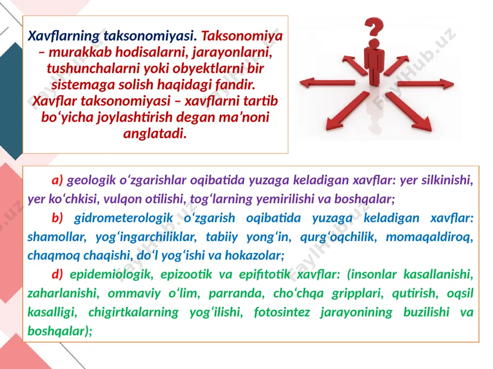 rish usuli, bu usulda ishlab chiqarish jarayonini mexanizatsiyalashtirish va avtomatlashtirish, jihoz, uskunalarni masofadan turib boshqarish, robotlarni qo‘llash va boshqa boshqaruv tizimlari orqali amalga oshiriladi. 2. xavfsizlik qoidarini qo‘llab xavflarni bartaraf qilish yoki texnosfera (ishlab chiqarish muhiti)ni normallashtirish hamda texnosfera xarakteristikalarini inson xarakteristikalarini xarakteristikalariga moslashtirishga asoslangan. 3. ish joylaridagi ishlovchilarni himoya vositalari yordamida himoyalashga asoslangan. bunda texnosfera xarakteristikalarini o‘zgartirish uchun har xil himoya vositalri qo‘llaniladi. faoliyat xavfsizligini ta’minlash vositalari. texnosferada ishlovchilarga zararli va xavfli ishlab chiqarish omillarining ta’sirini kamaytirish yoki oldini olish uchun turli maqsadli himoya vositalari qurilmalari qo‘llaniladi. himoya vositlari har bir zararli holat uchun mehnat xavfsizligi talablariga asoslanib qo‘llaniladi. himoya vositalri qo‘lanilish xarakteriga qarab: jamoa himoya vositalari (jhv) va shaxsiy himoya vositalariga (shhv) bo‘linadi. foydalanilgan adabiyotlar: qudratov, t.g’aniev, o’. yuldashev, g’.yo. yormatov, n. xabibullaev, f.d xudoev. «hayot faoliyati xavfsizligi» maruzalar kursi. toshkent 2005 y yuldashev o.r., sapaev sh.m., va boshqalar «hayot faoliyati xavfsizligi» fanidan amaly mashg’ulotlar. o’quv qo’llanma. toshkent …