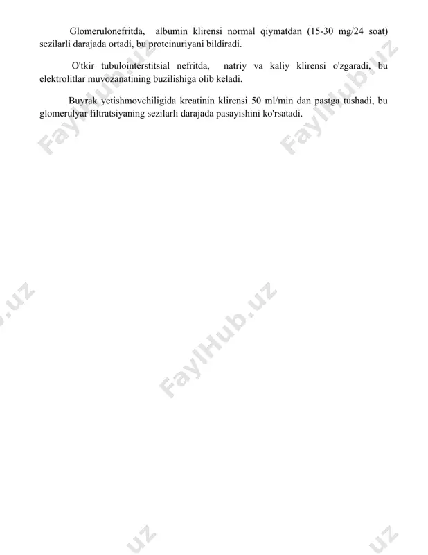 va kaliy klirensi o'zgaradi, bu elektrolitlar muvozanatining buzilishiga olib keladi. buyrak yetishmovchiligida kreatinin klirensi 50 ml/min dan pastga tushadi, bu glomerulyar filtratsiyaning sezilarli darajada pasayishini ko'rsatadi. 📌xulosa buyrak klirensi buyrak patologiyasining namoyon boʻlishini aniqlashda muhim diagnostik koʻrsatkich hisoblanadi. uning pasayishi buyrak funksiyasining buzilishini, masalan, proteinuriya, gematuriya va shish kabi klinik belgilarni koʻrsatishi mumkin. 📚foydalanilgan adabiyotlar 1. kumar, v., abbas, a. k., aster, j. c. (2015). robbins va kottran patologik anatomiyasi. (robbins and cotran pathologic basis of disease). 2. guyton, a. c., hall, j. e. (2016). tibbiy fiziologiya darsligi. (textbook of medical physiology). 3