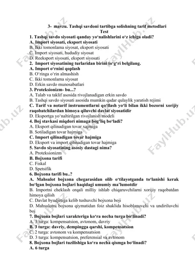 tashqi savdoni tartibga solishning tarif metodlari — DOCX