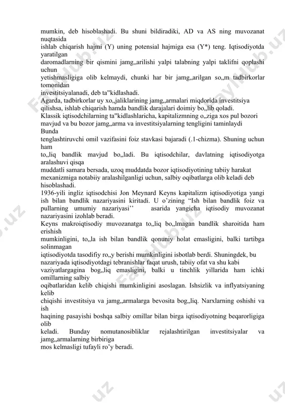 mpc demak iste`molga chegaralangan moyillik kancha katta bo`lsa multiplikator samarasi xam shuncha yukori bo`ladi. multiplikatorning matematik moxiyati cheksiz kamayib boruvchi geometrik progressiyani anglatadi, ya`ni m=1+b+b1+b2+b3+b4+…+bn, bu erda b=mpc. tenglikning ikki tomonini b ga ko`paytiramiz: mb=b+b2+b3+b4+…+bn+1 endi birinchi tenglamadan ikkinchisini ayiramiz: m-mb=1-bn+1 , m(1-b) =1-bn+1 xisob kitob natijalarini kuyidagicha tasvirlaymiz: m = ( ‘n+1) / (1-b) b kasr son va bn+1 nolga juda yakin bo`lgani uchun m = 1/ (1-b ) tenglik to`gri bo`ladi. avtonom xarajlar multiplikatori mikdorining katta yoki kichikligi byudjet solik siyosati samaradorligiga ta`sir ko`rsatadi. davlat o`z xarajatlarini oshirayotganda, yoki investitsiya xarajatlarini oshirish choralarini ko`rayotganda, bu xarajatlar jami talabni kancha mikdorga oshirib yuborishi mumkinligini xisobga olishi zarur. 6. retsession va inflyatsion uzilish. agarda ishlab chikarishning xakikiy xajmi (u0) potentsial (u*) xajmidan kam bo`lsa, jami talab samarasiz xisoblanadi. ya`ni, ad=as tenglikka erishilgan bo`lsada, yalpi xarajatlar mikdori resurslarining to`lik bandligi darajasini ta`minlamaydi. yalpi talabning etishmasligi iktisodiyotga depressiv ta`sir ko`rsatadi ey=e b …