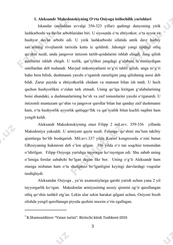 yil tayyorgarlik ko‘rgan. makedonlar armiyasining asosiy qismini og‘ir qurollangan otliq qo‘shin tashkil etg[footnoteref:1]an. lekin ular sekin harakat qilgani uchun, osiyoni bosib olishda yengil qurollanagn piyoda qushini muxim o‘rin egallagan. [1: r.shamsutdinov “vatan tarixi”. birinchi kitob toshkent-2010 ] axamoniylar davlatini egallashda axamoniylar davlati saroiydagi qarama-qarshiliklar, sodir bo‘lgan voqealar va uning zaiflashuvi ham muxim o‘rin egallagan. mil.avv. 359 yilda axamoniy podshosi artakserks ii mnemon vafot etadi. uning 150 ta farzandi bo‘lgan. undan keiyn taxtni egallagan artakserks iii ox barcha qarindoshlarini ularning yoshi va jinsiga qaramasdan o‘ltirib yuboradi. axamoniy podsholar orasida eng qonhur deb tarixda nomi qolgan. 338 yili artakserks ox begoy toshirig‘iga binoan o‘z tabibi tomonidan zaxarlanib o‘ldiriladi. undan keyin taxtga arses o‘tiradi va ikki yil davlatni boshqaradi. dastlab begoya qo‘lida o‘yinchoq bo‘lgan bo‘lsa, keyinchalik mustaqil boshqarishga intilgada u yana begoya tomonidan zaraxarlanadi. uning bolalari ham o‘ldirilib yuboriladi. shu tariqa axamoniylar oilasiga tegishli hech qim qolmagan. shunda begoya arsesning troyurodnoy brat (amakivachasi) …