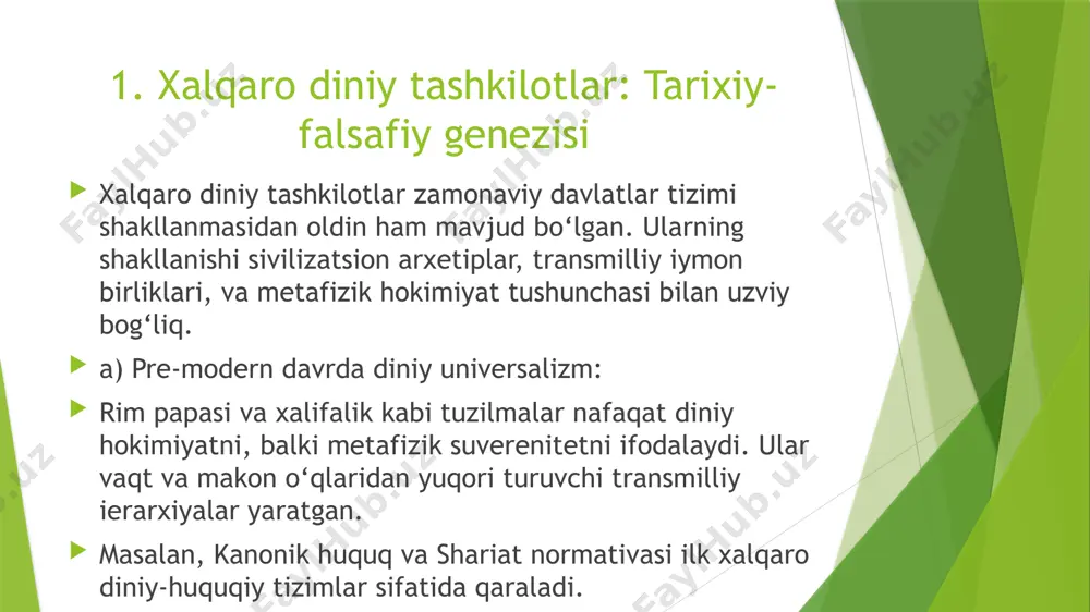 ga ega bo‘lishi mumkin. 3. diniy tashkilotlar va sdg: post-sekulyar sintez barqaror rivojlanish konsepsiyasi ko‘pincha sekulyar kontekstda talqin etiladi. ammo post-sekulyar yondashuv diniy institutlarning rivojlanishga bo‘lgan hissasini qayta baholaydi. bu yondashuvda: a) diniy normativlik va global maqsadlar uyg‘unligi: “hech kim ortda qolmasin” (leave no one behind) degan sdg shiori islomdagi “ummah” konsepti bilan, xristianlikdagi “agape” g‘oyasi bilan uyg‘unlashadi. diniy tashkilotlar sdglarni normativ jihatdan mustahkamlaydi, ularga axloqiy asos beradi. . b) ontologik xavfsizlik va barqarorlik: dunyodagi ko‘plab ijtimoiy inqirozlar (urushlar, migratsiya, ekologik tanazzul) insonlarning ontologik xavfsizligini buzadi. diniy tashkilotlar iymon, ibodat, jamiyat bilan bog‘liqligimiz orqali ushbu xavfsizlikni tiklashga yordam beradi. 4. konflikt va barqarorlikda diniy tashkilotlarning ambivalens roli diniy tashkilotlar barqarorlikni kuchaytirishi mumkin bo‘lsa-da, ba'zida ular nizolarga ham sabab bo‘ladi. bu ambivalens (ikkiyoqlamalik) quyidagi shakllarda namoyon bo‘ladi: progresiv roli: konflikt zonalarida yarashuv (reconciliation) tashabbuslarini ilgari suradi (masalan, south sudan, mozambikdagi sulh muzokaralari). regressiv roli: etnokonfessional ziddiyatlarni kuchaytirishi mumkin (masalan, hindistonda ayrim …