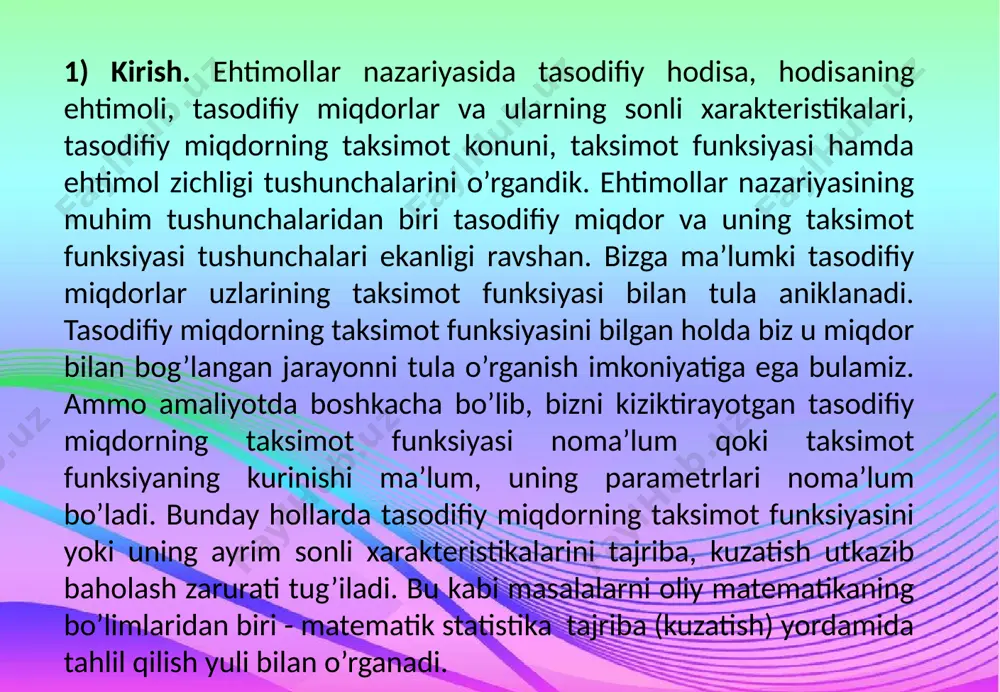 yo’li bilan ajratilsa, bunday tanlanma takror tanlanma deyiladi. 4-ta’rif. tanlanmaning elementlari bosh to’plamga q’aytarmasdan, uning elementlari bosh to’plamdan ajratilsa, bunday tanlanma notakror tanlanma deyiladi. masala, bosh to’plam elementlarining son yoki sifat belgisi to’g’risida kerakli ma’lumotlarni aniqlashdan iborat ekan, undan tekshirish uchun ajratilgan tanlanma vakolatli bo’lishi kerak, ya’ni tanlanma bosh to’plamdan shunday ajratilishi lozimki, natijada ajratilgan tanlanma to’plam, bosh to’plamni to’la xarakterlaydigan, boshqacha aytganda bosh to’plamning muhim xususiyatlarini o’zida saqlagan bo’lishi kerak. buni odatda tanlanmaning reprezentativligi deyiladi. 3) tanlash usullari. amaliyotda tanlashning turli usullaridan foydalanildi. ularni asosan ikki turga bo’lish mumkin: a) bosh to’plamni kismlarga ajratmasdan tanlanib oddiy qaytarilmaydigan tasodifiy tanlash; oddiy qaytariladigan tasodifiy tanlash; b) bosh to’plamni qismlarga ajratilgandan keyin tanlanib tipik, mexanik, seriyali tanlash bo’ladi. bosh to’plamdan elementlar bittalab istalgan joyidan olinadigan tanlash oddiy tasodifiy tanlash deyiladi. oddiy tanlashda tekshirilgan element yana bosh to’plamga qaytarilishi mumkin. bu holda takror oddiy tasodifiy tanlanma hosil bo’ladi. tekshirilgan element bosh to’plamga qaytarilmasligi …
