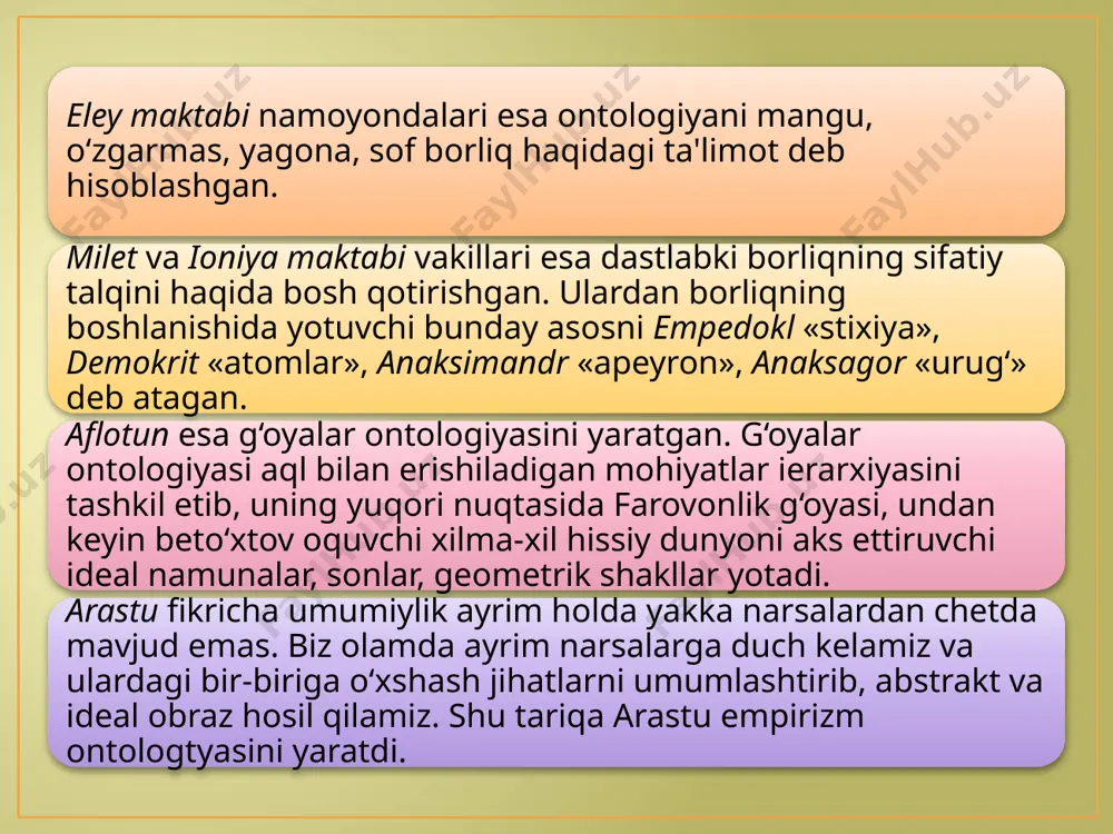 muayyan moddiy jism, moddiy borliq sifatida tushuntirishadi, boshqalar esa uni g‘oyaviy, ma'naviy, ruhiy, ilohiy mohiyat shaklida tushunishadi. abu nasr foro­biy yagona borliqni 6 bosqichdan iborat deb hisoblagan: bu bosqichlar bir-biri bilan sababiy bog‘langan bo‘lib, ular barcha mavjudlikning boshlang‘ichi hisoblanadi 1-ilk sabab (sababi-avval) - xudo; 2-sabab - (sababi- soniy) - samoviy jismlar borlig‘i; 3-sabab - faol aql (al-aql al-faol); 4-sabab - jon (an-nafs); 5-sabab - shakl (as-surat); 6-sabab - modda (al-modda). borliq tushunchasi atrofida faylasuflar har doim keskin munozaralar, tortishuvlar, bahslar olib borishgan va bu bahslar haligacha davom etmoqda. xullas, «borliq» falsafadagi eng umumiy tushunchadir. borliqqa aksil tushuncha sifatida «yo‘qlik» tushunchasini ishlatishadi. yo‘qlik hyech nimani, ya'ni nazarda tutilgan joyda hyech nima mavjud emasligini anglatadi. borliq ilgari mavjud bo‘lgan, hozir mavjud va kelajakda mavjud bo‘ladigan ob'ektiv hamda sub'ektiv reallikni ham o‘ziga qamrab oladi. ya'ni tabiat, inson, fikrlar, g‘oyalar, jamiyat hammasi turli shakllarda mavjuddir. ularning barchasi mavjud bo‘lganligi uchun ham yaxlit yagona borliqni …