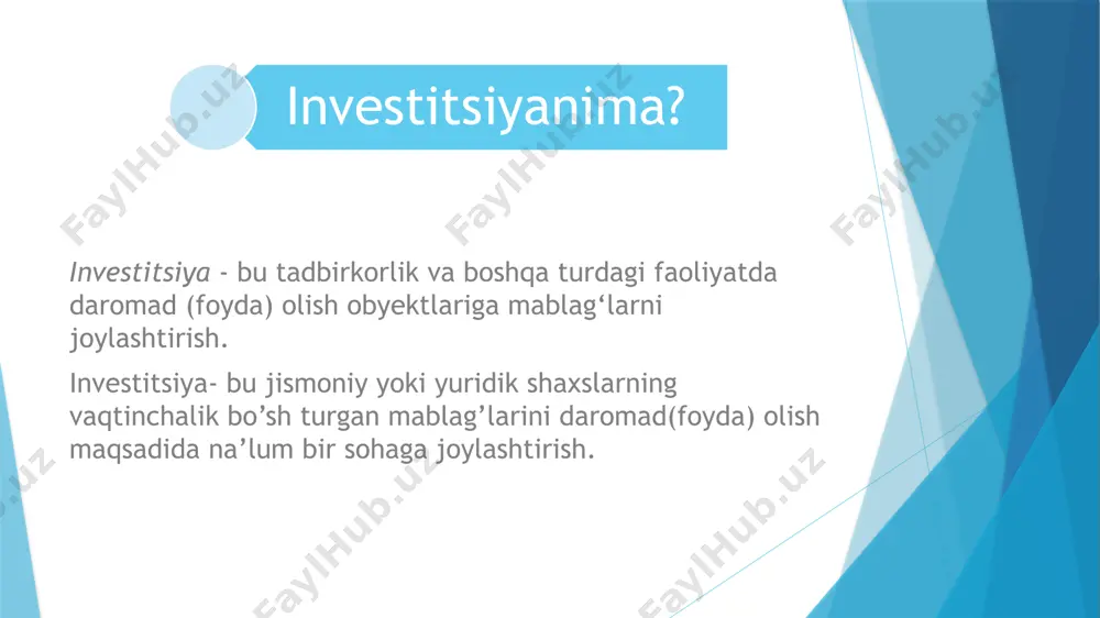 rinchi mijozlar soni va sug‘urta mukofoti hajmiga bog‘liq bo‘lgan vaqtinchalik bo‘sh mablag‘lar hajmi ikkinchi muddatlar, ya’ni bu vaqt davomida ushbu mablag‘lardan foydalanish mumkin bo‘ladi. sug‘urta tashkilotlarining aktivlarini joylashtirish likvidlik, qaytarishlik, foydalilik va diversifikatsiya tamoyillari asosida amalga oshirilishi lozim. aktivlarni likvidligi deganda, sug‘urta kompaniyalari aktivlarni tezlik bilan naqd va boshqa to‘lov mabag‘lariga aylantirib, olingan majburiyatlarni tugatishga qaratilgan imkoniyat tushuniladi. qaytarishlik deganda, investitsiya mablag‘larini to‘liq hajmda qaytarilishi tushiniladi. qaytarishlik tamoyillari (ishonchlilik) sug‘urtalovchilar oldiga qo‘yilmalarni xavfsiz sharoitda maksimal imkoniyatlarga, ya’ni investitsiya risklarini minumum darajasiga erishish vazifasini qo‘yadi. sug‘urta kompaniyalarining investitsiya faoliyatini boshqarishni asosiy maqsadlaridan biri, bu - o‘z investitsiya faoliyatidan to‘g‘ri va oqilona foydalanishni boshqarish orqali samaraga erishishdir. buning uchun sug‘urta kompaniyasining investitsiya siyosati quyidagi talablarga javob berishi lozim: - sug‘urta kompaniyasi investitsiya portfelining barqarorligi ta’minlanishi shart. shundan investitsiya siyosati uning ishonchli bo‘lishi orqali sug‘urta kompaniyasining barqarorligi va raqobatdoshligi oshiradi; - investitsiyaning daromadli va ishonchli yo‘nalishini ta’minlash sug‘urta kompaniyasining asosiy maqsadlaridan biridir. investitsiya …