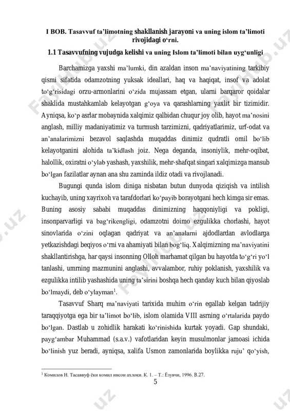 shi, hayot sinovlarida о‘zini oqlagan qadriyat va an’analarni ajdodlardan avlodlarga yetkazishdagi beqiyos о‘rni va ahamiyati bilan bog‘liq. xalqimizning ma’naviyatini shakllantirishga, har qaysi insonning olloh marhamat qilgan bu hayotda tо‘g‘ri yо‘l tanlashi, umrning mazmunini anglashi, avvalambor, ruhiy poklanish, yaxshilik va ezgulikka intilib yashashida uning ta’sirini boshqa hech qanday kuch bilan qiyoslab bо‘lmaydi, deb о‘ylayman1. tasavvuf sharq ma’naviyati tarixida muhim о‘rin egallab kelgan tadrijiy taraqqiyotga ega bir ta’limot bо‘lib, islom olamida viii asrning о‘rtalarida paydo bо‘lgan. dastlab u zohidlik harakati kо‘rinishida kurtak yoyadi. gap shundaki, payg‘ambar muhammad (s.a.v.) vafotlaridan keyin musulmonlar jamoasi ichida bо‘linish yuz beradi, ayniqsa, xalifa usmon zamonlarida boylikka ruju’ qо‘yish, 1 комилов н. тасаввуф ёки комил инсон ахлоқи. к. 1. – т.: ёзувчи, 1996. b.27. 6 qimmatbaho tuhfalar bilan qarindoshurug‘lar, yaqin dо‘st-birodarlarni siylash rasm bо‘ladi. umaviya xalifaligi davriga kelib esa, saroy hashamlari, dabdabali bezaklar, oltin-kumushga berilish, xazina tо‘plash avj oldi. ya’ni diniy mashg‘ulotlar, xudo yо‘lidagi toat-ibodat о‘rnini dunyoviy ishlar, …