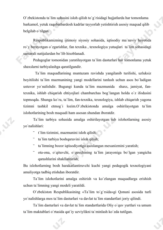 tlari joriy qilindi. ta`lim dasturlari va davlat ta`lim standartlarida oliy o`quv yurtlari va umum ta`lim maktablari o`rtasida qat`iy uzviylikni ta`minlash ko`zda tutilgan. boshlang`ich sinf o`quvchilariga matematika fani bo`yicha dts asosida quyilgan minimal talablarni umumiy holatda quyidagicha ifodalashimiz mumkin: · a) sonlar va hisoblashlarga oid: · son va hisob; · natural sonlar va nol; · predmetlar miqdori; · sonlarni taqqoslash; · miqdorlar ularni o`lchash va taqqoslash; · arifmetik misollar va ularni bajarish qoidalari; · miqdorlar o`rtasida bog`liklik; · sonli va harfiy ifodalar; · kasr, qavslar, sonli ifodalarda amallarni bajarish tartibi; sonli tenglik va tengsizliklar; · b) geometrik figuralarga oid; · geometrik o`lchashlar; · nuqta,kesma,kupburchak,doira, aylana, uzunlik, balandlik tushunchalari; · sirkul va lineyka yordamida geometrik figuralarni tasvirlash; · figuralarning o`zaro joylashuvi; · figuralarning xossalari; · «katta», «kichik», «.. marta ko`p», «..marta kam» kabi matematik munosabatlar; boshlang`ich maktab o`quv rejalarida matematika fani uchun dts asosida 675 soat miqdorida o`quv soatlari ajratilgan va bu …