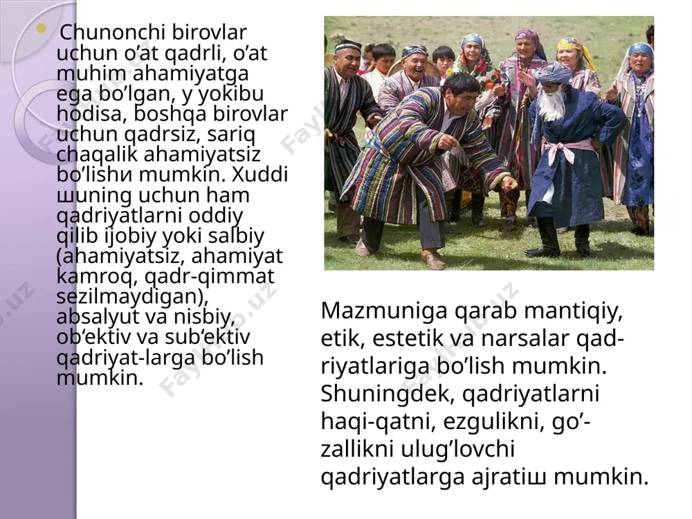 y qonuni – kons-tituöiyaning umumiy qoidalari va olti bobdan iborat ikkinchi bo’limida xuquqiy jihatdan musathkamlandi. shuningdek, demokratiya, barqarorlik, oshkoralik, tinchlik, hamkorlik kabi umuminsoniy qadlriyatlarning rivoj topishi uchun ham imkon yaratildi. milliy va umuminsoniy qadriyatlarning uyg’unlashib borayotganligini, musatqillik yillarida o’zbekistonda vujudga kelgan - fuqarolarni tinch, totuv yashashga, barqarorlikka intilishida ham yaqqol ko’rish mumkin. endilikda tinchlik, millatlararo totuvlik, barqarorlik o’zbekistonda yashovchi barcha xalq-larni, millatlarni, elatlarning buyuk ijtimoiy-siyosiy qadriyatiga aylanmoqda. jahon svilizatsiyasining atlablariga mos tushuvchi bunday qadriyatlarni shakllani-shida va rivojlanishida, kishilar turmush atrzida musathkam o’rnashib olishida mustaqillik yillarida mamlakatimizda amalga oshirilayotgan bir qator xayrli tad-birlar turtki bermoqda. yuqoridagi fikrlarimizdan quyidagi xulosalar kelib chiqadi: qadriyat alloqanday hodisa, voqea yoki narsaning o’ziga xos xususiyati yoki xossasi emas, balki uning mohiyati, o’z navbatida borlikning u yoki bu ob‘ektining yashashi, mavjud bo’lib turishi uchun tom ma‘nodagi zaruriy shartidir. 2. qadriyatlarni jamiyat, millat hayotidagi o’rni, ijtimoiy xarakteriga qarab milliy va umuminsoniy, sinfiy yoki diniy, shuningdek kishilarning yoshi, pro-fessional …