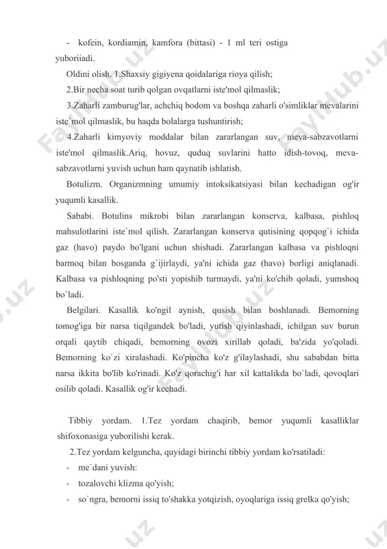 asallikni gepatit virusi qo'zg'atadi. virusning a, b, c turlari mavjud. gepatit a virusi zararlangan suv, oziq-ovqat, idish-tovoq orqali yuqadi. gepatit b, c viruslari sterillanmagan shprits, igna, jarrohlik, ginekologik, stomatologik asboblar, virus tashib yuruvchi odamlardan olingan qon va uning zardobini boshqa odamga davolash maqsadida quyish orqali yuqadi. belgilari. bemorning ishtahasi pasayadi, ko'ngli ayniydi, tekshirganda ko'zning oq pardasi, tanglayi, qulog'ining orqasi sarg'aygani aniqlanadi.o'z vaqtida davolanmasa bemor tanasining terisi yoppasiga sarg'ayadi va qichiydi, intoksikatsiya kuchayib bemor qusadi, qorni damlaydi, ba'zida ichi suyuq ketadi, najasning rangi oqaradi.siydik quyuqlashib to`q jigar rangda bo'ladi.jigar kattalashadi va o'ng qovurg'a ostida og'riq seziladi.bemor qoni biokimyoviy tekshirilganda, uning tarkibida bilirubin moddasi, alt, ast fermentlari ko'paygani aniqlanadi. tibbiy yordam.1.bemor yuqumli kasalliklar shifoxonasiga yuboriladi yoki uyida alohida xonada ko'rpa - to'shakka yotqizib davolanadi. 2.uning idishlari, buyumlari alohida saqlanadi va qaynatib zararsizlantiriladi. 3.parhez taomlar. yog`li taomlar berilmaydi. 4.intoksikatsiyaga qarshi suyuqliklar tomchi usulida vena tomiriga. oldini olish.1.shaxsiy gigiyena qoidalariga rioya qilish. 2.turli xil …